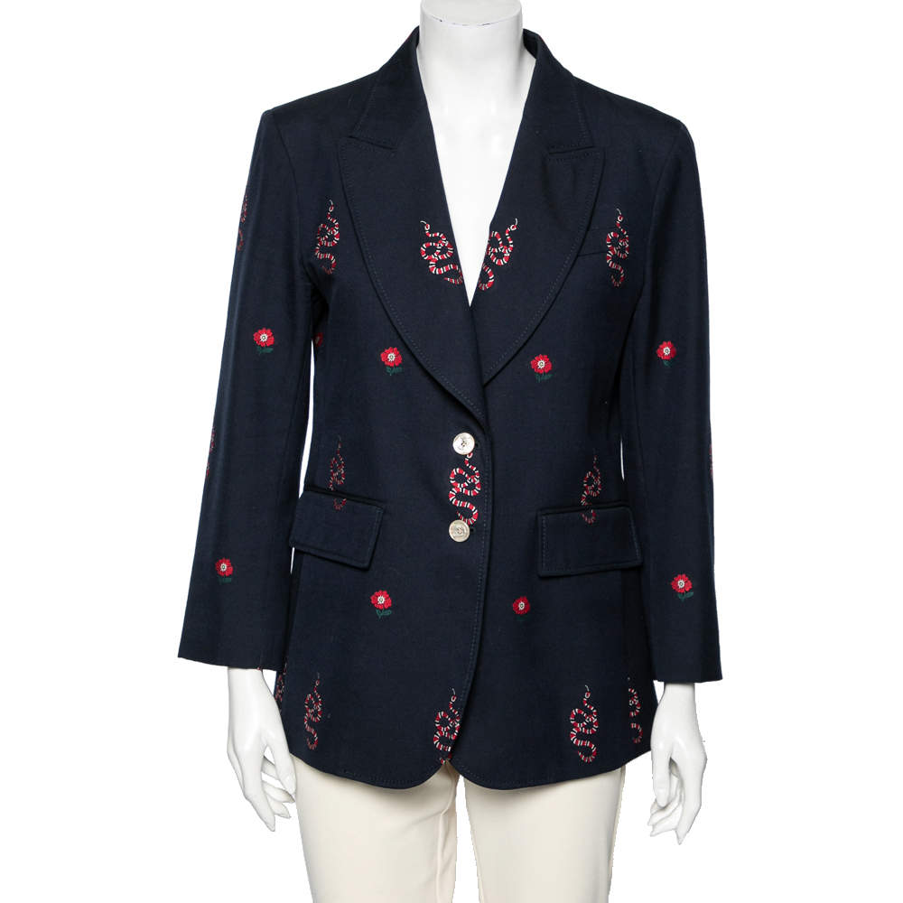 Pre Owned Gucci Navy Blue Snake & Floral Embroidered Wool Single Breasted Blazer L