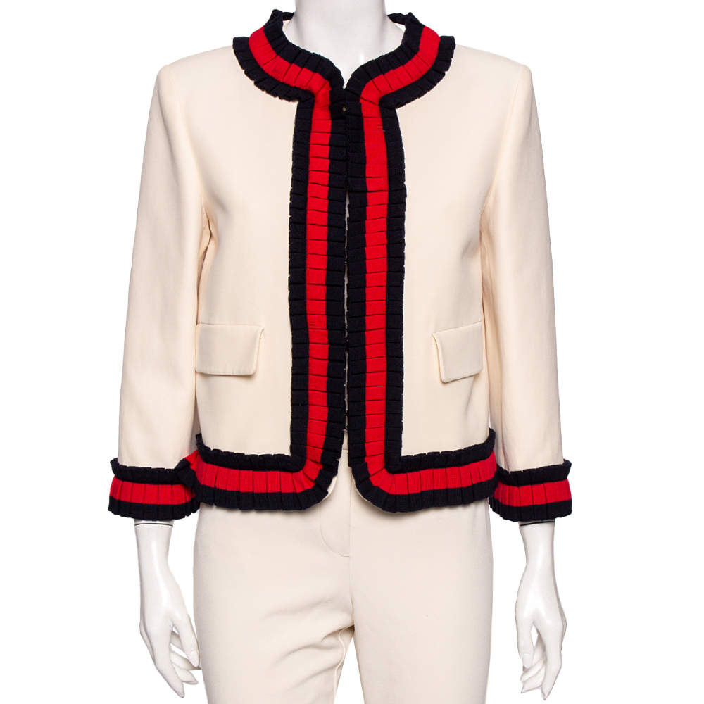 Pre Owned Gucci Cream Silk and Cotton Blend Cropped Web Trim Jacket L
