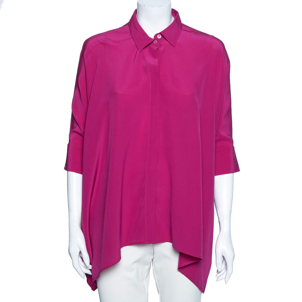 Pre Owned Gucci Magenta Silk Button Front Draped Oversized Blouse XS