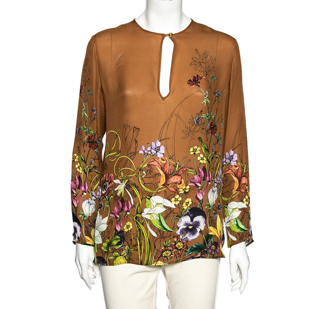 مملوكة مسبقًا Gucci Brown Floral Printed Silk Long Sleeves Top S
