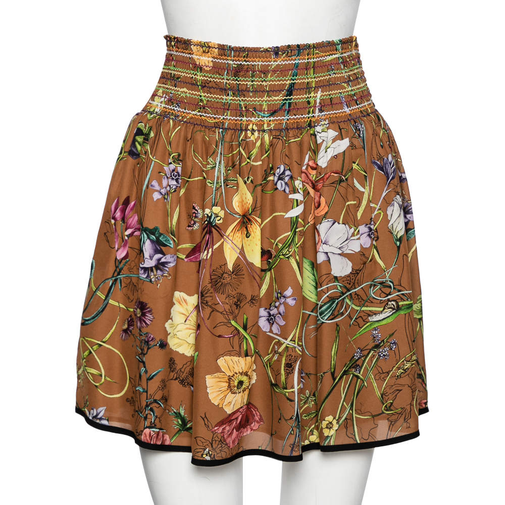 Pre Owned Gucci Brown Floral Printed Silk Mini Skirt M