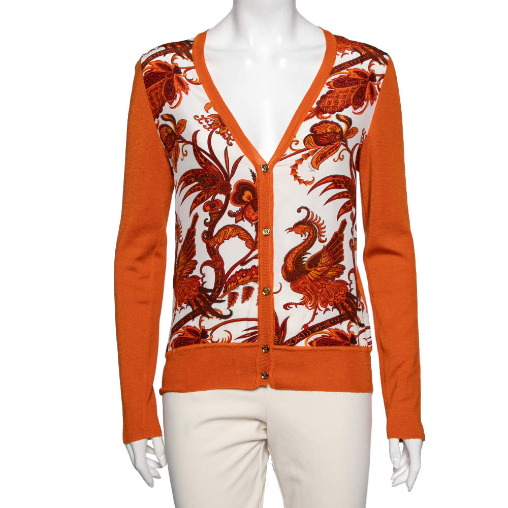 Pre Owned Gucci Orange Printed Silk & Knit Paneled Button Front Cardigan M