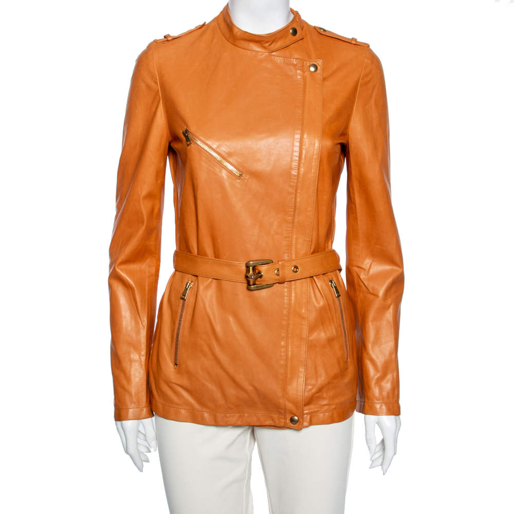 Pre Owned Gucci Tan Leather Front Zip Long Sleeve Jacket M