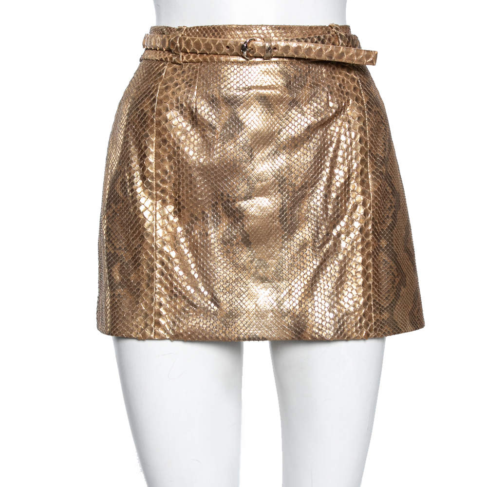 Pre Owned Gucci Gold Python Leather Belted Mini Skirt M