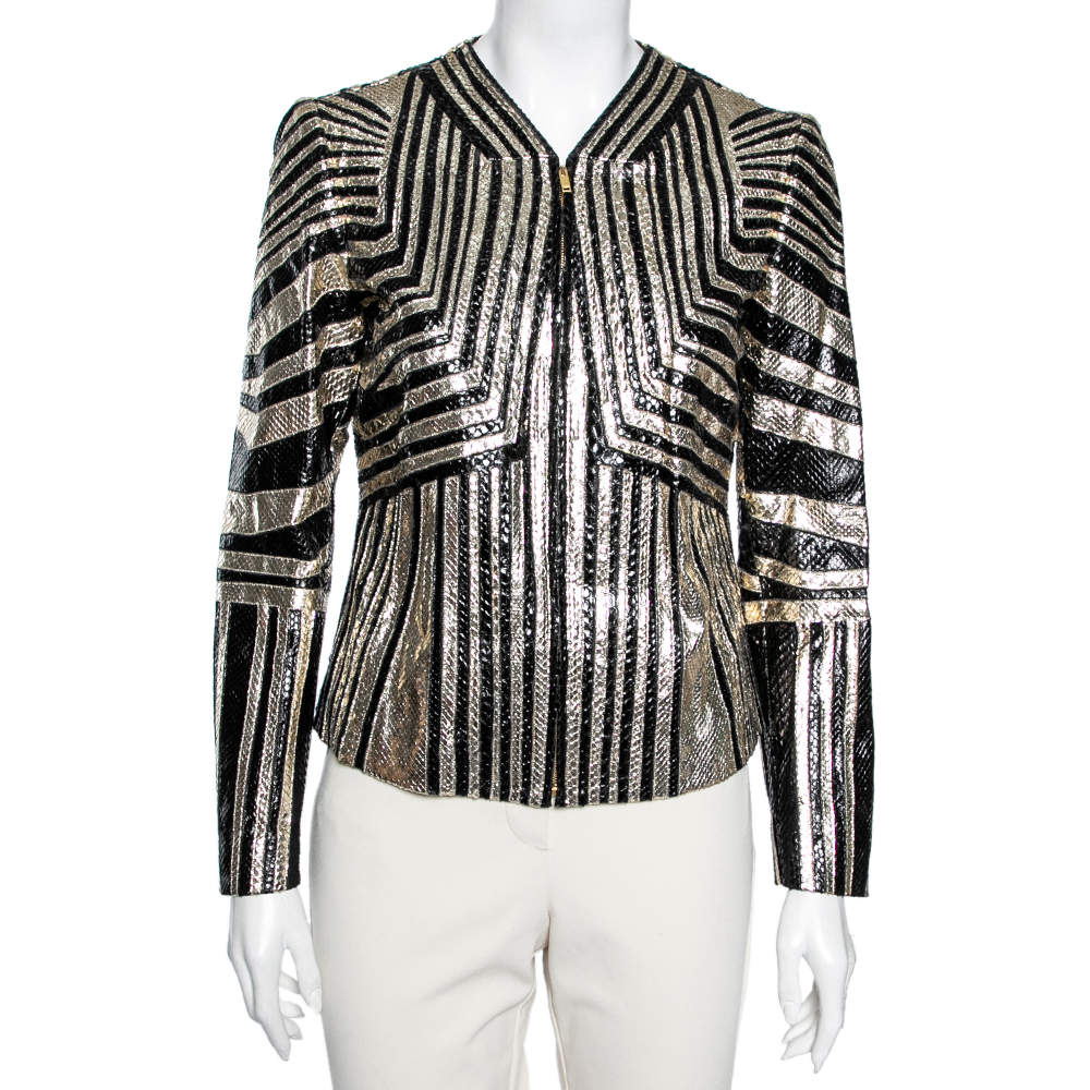 Pre Owned Gucci Gold & Black Python Leather Zip Front Jacket M