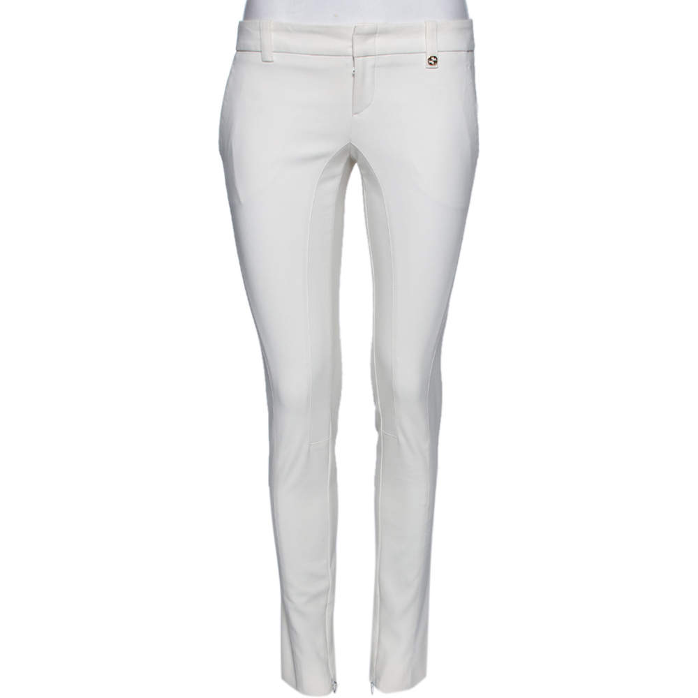 Pre Owned Gucci White Stretch Cotton Zip Detail Slim Fit Pants M