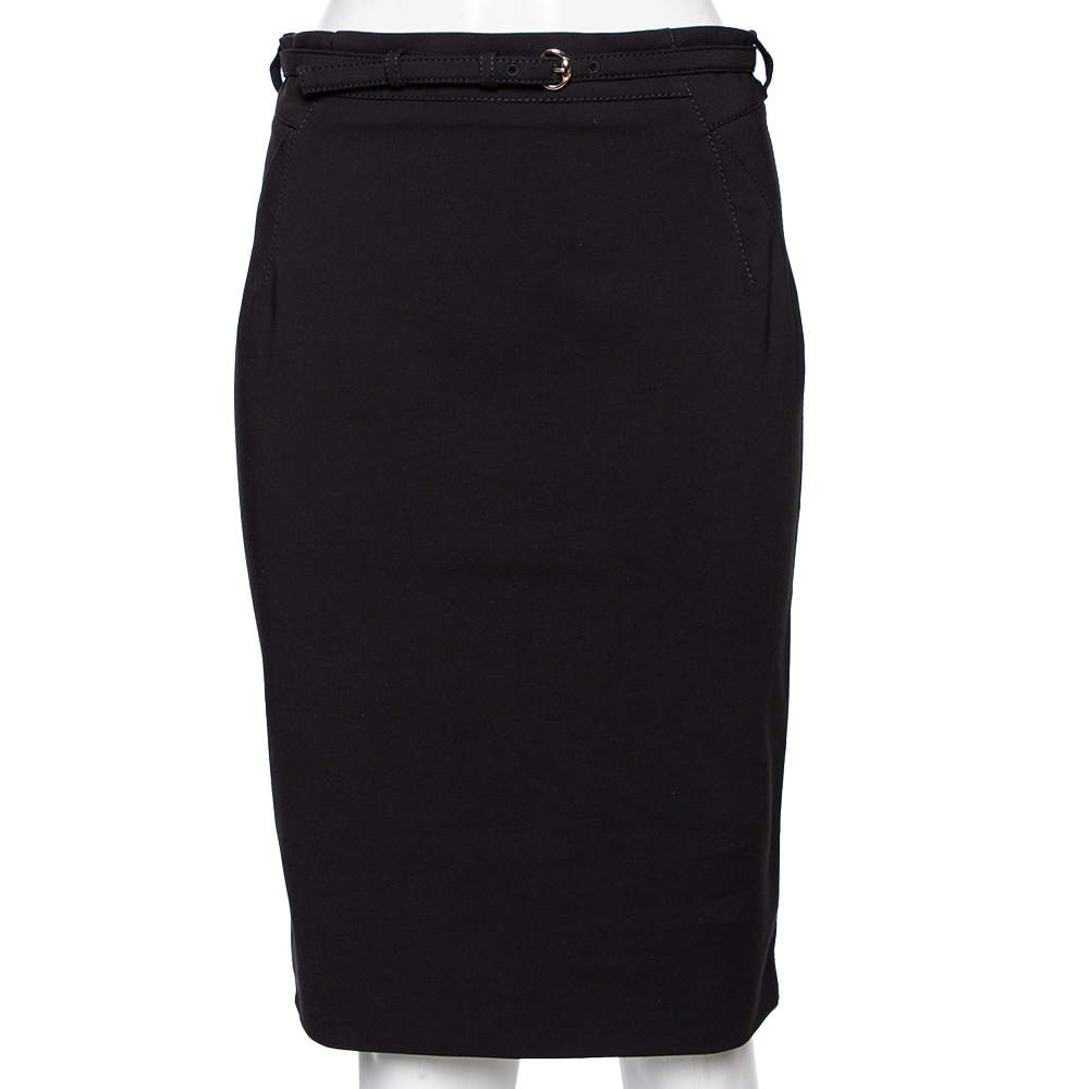 Pre Owned Gucci Black Cotton Buckle Belted Skirt M