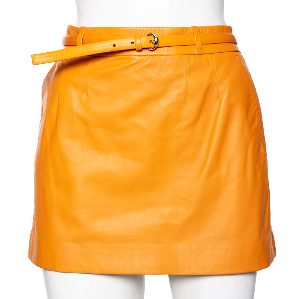 Pre Owned Gucci Orange Leather Belted Mini Skirt M