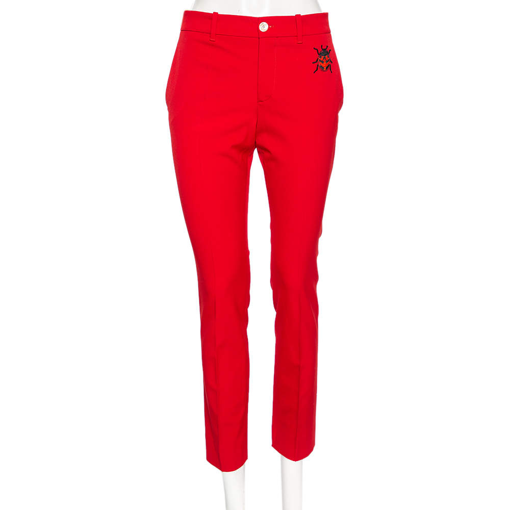 Pre Owned Gucci Red Wool Ladybug Patch Detail Tapered Leg Pants M