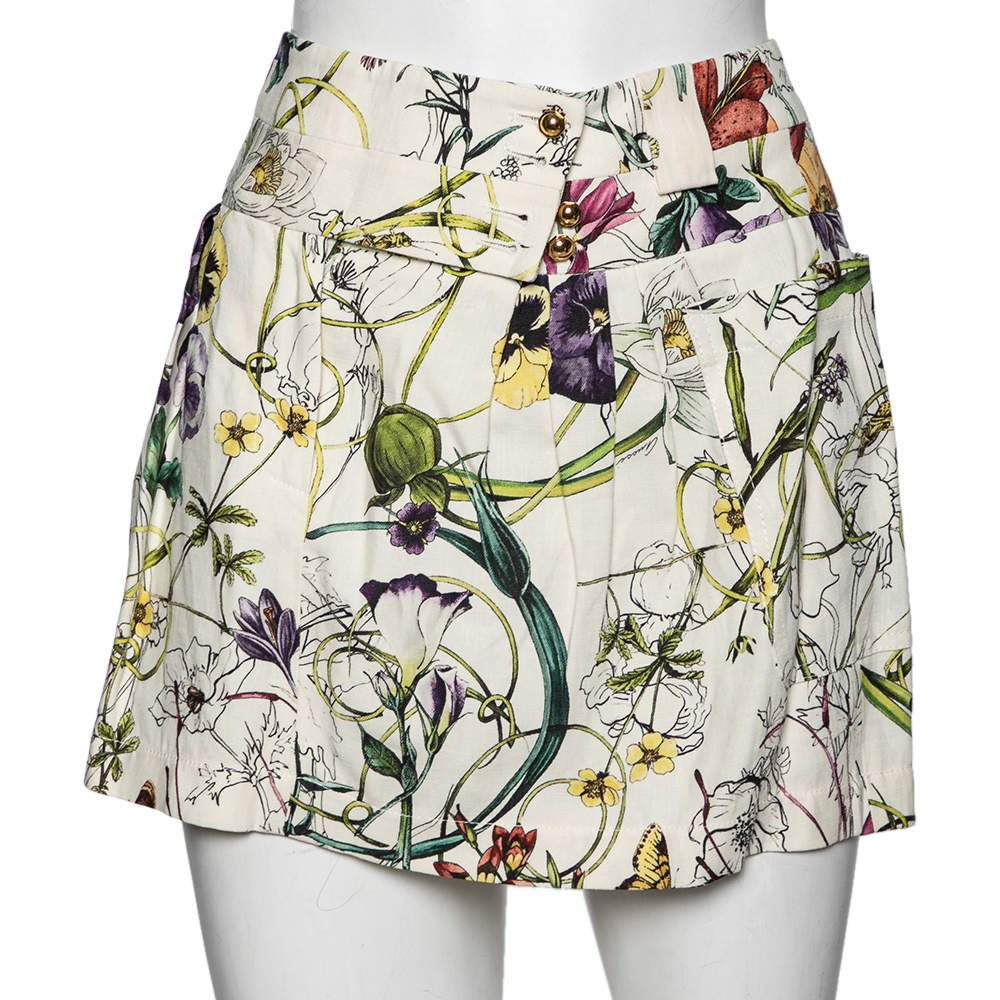 Pre Owned Gucci Cream Floral Printed Cotton Pleated Mini Skirt M