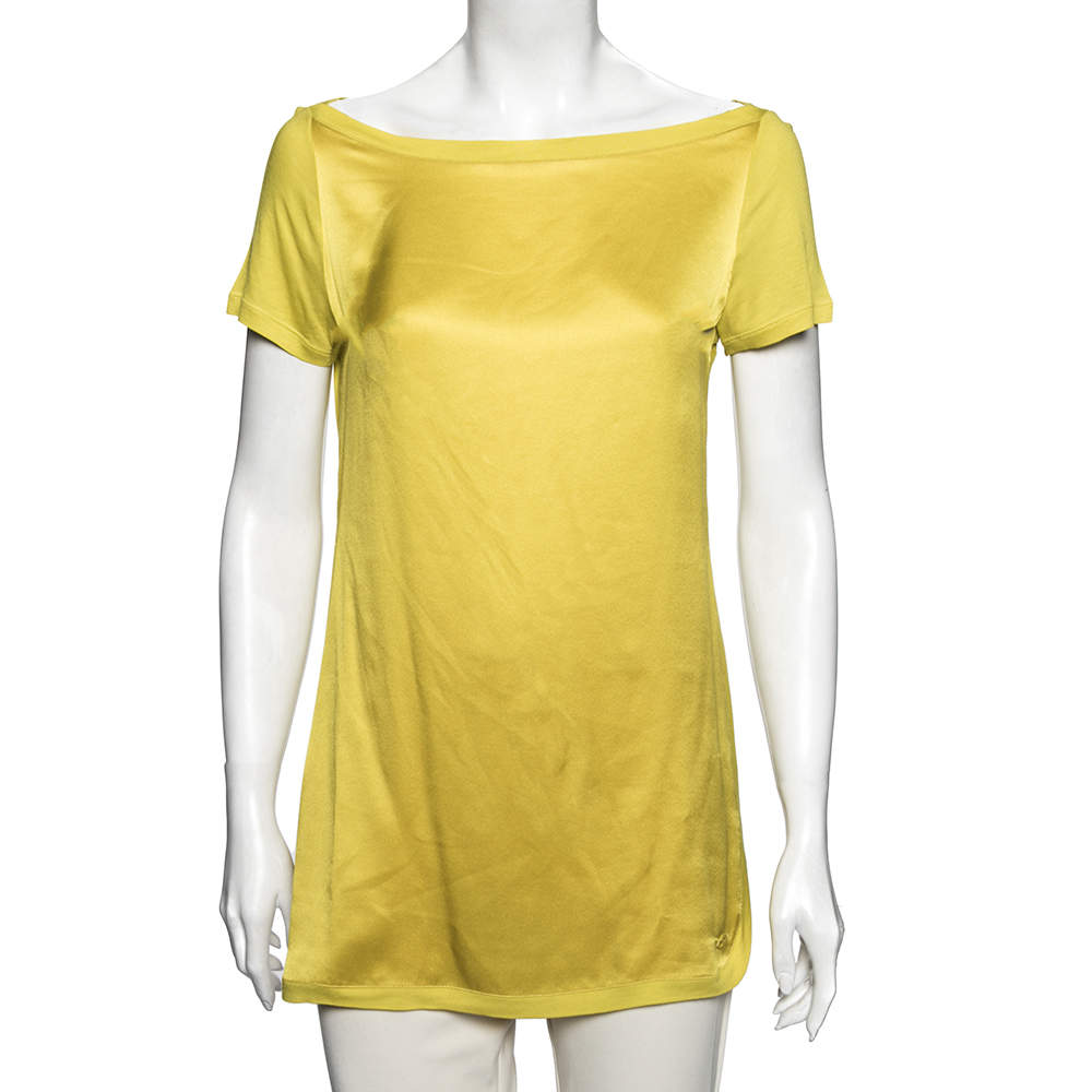 Pre Owned بلوزة غوتشي حرير أصفر بأكمام قصيرة مقاس متوسط - ميديوم