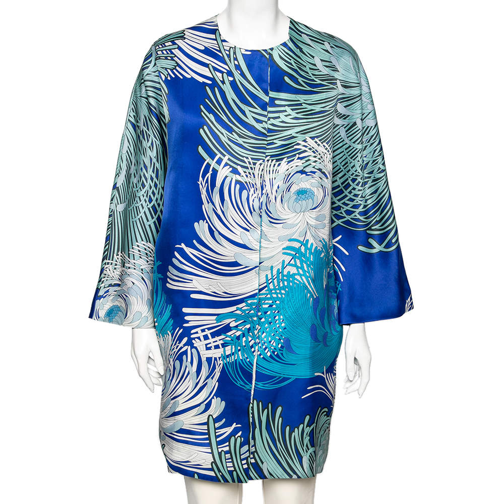 مملوكة مسبقًا Gucci Blue Printed Silk Button Front Lightweight Coat M 