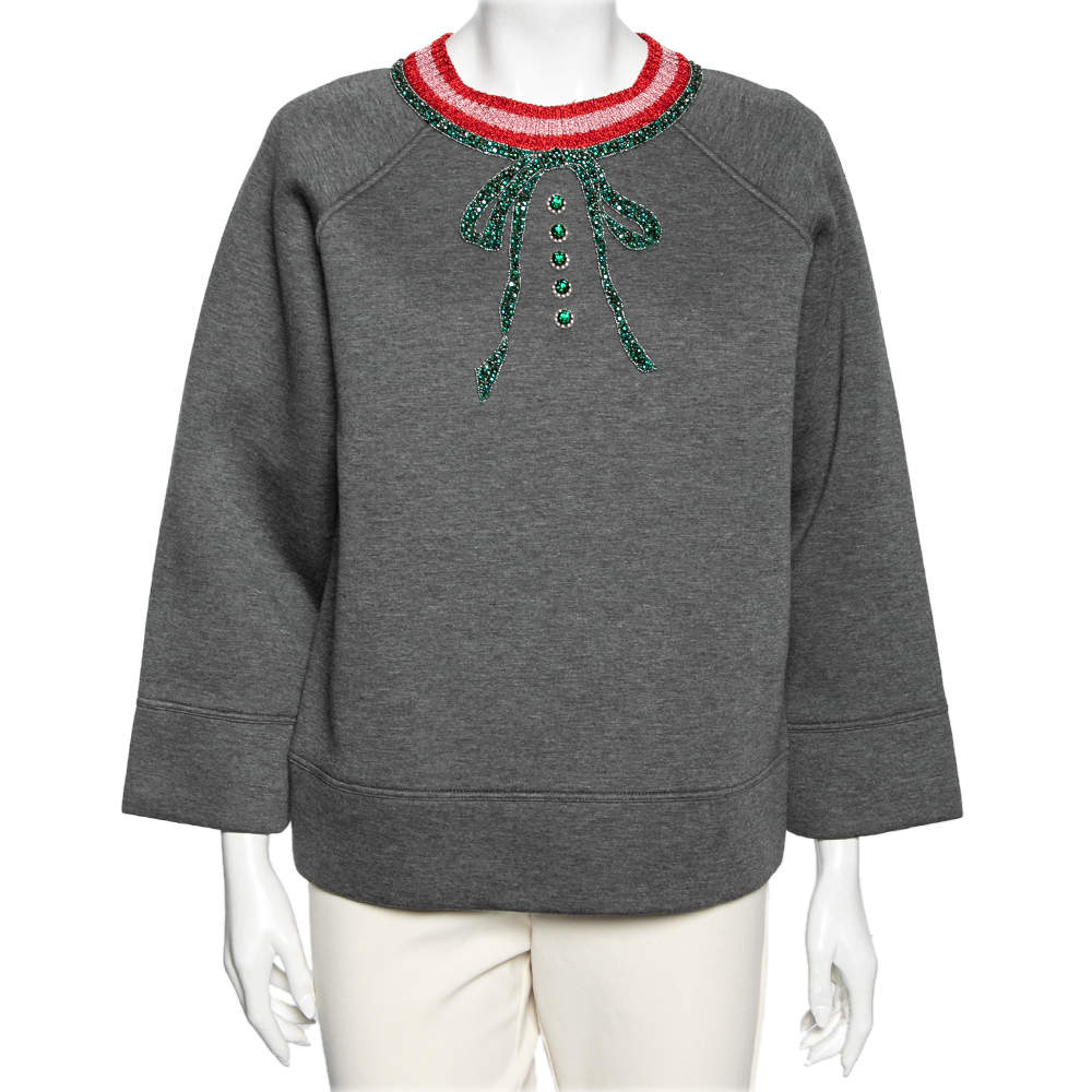 Pre Owned Gucci Grey Neoprene Bow Embellished Crewneck Sweater M