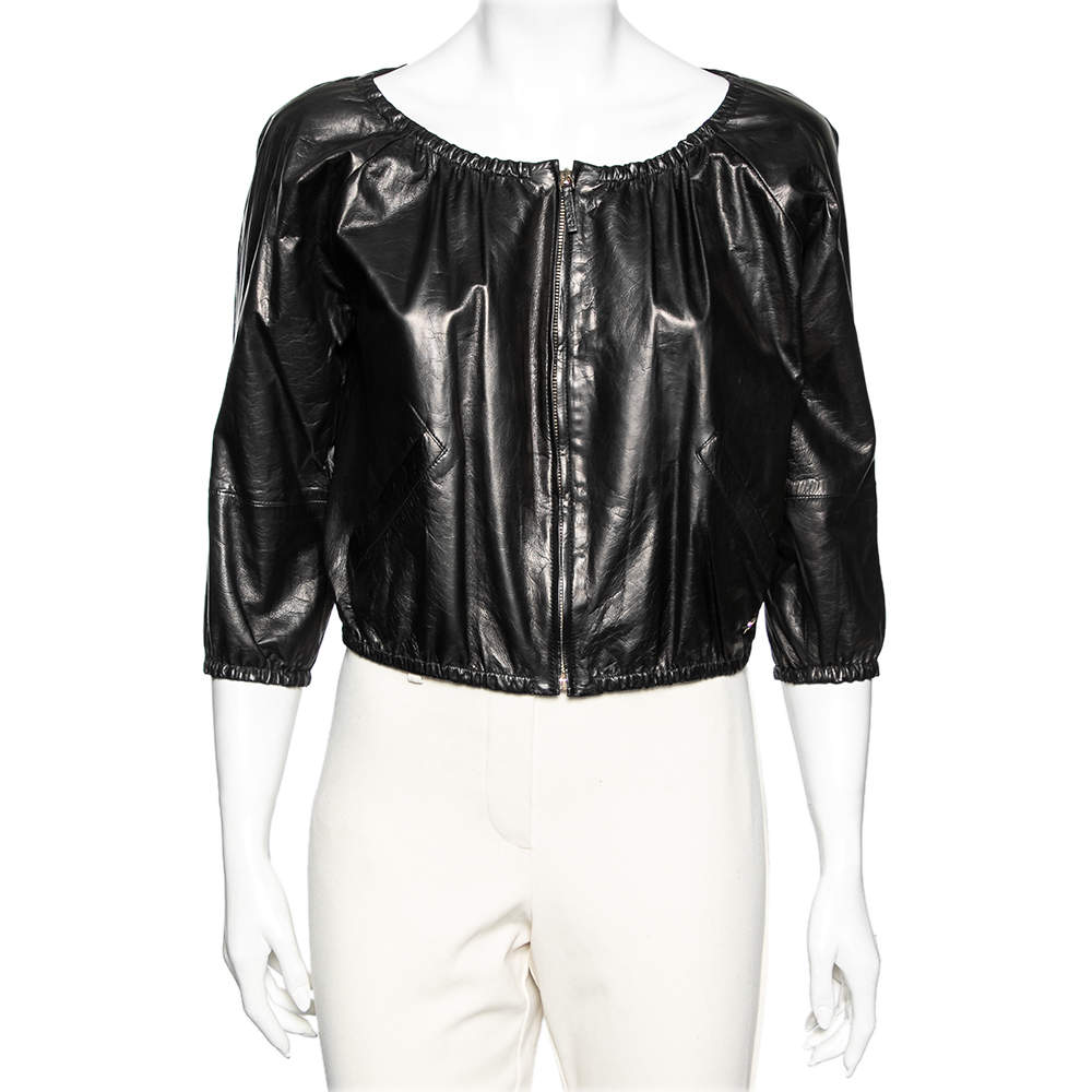 Pre Owned Gucci Black Leather Elasticized Hem Detail Zip Front Jacket M 
