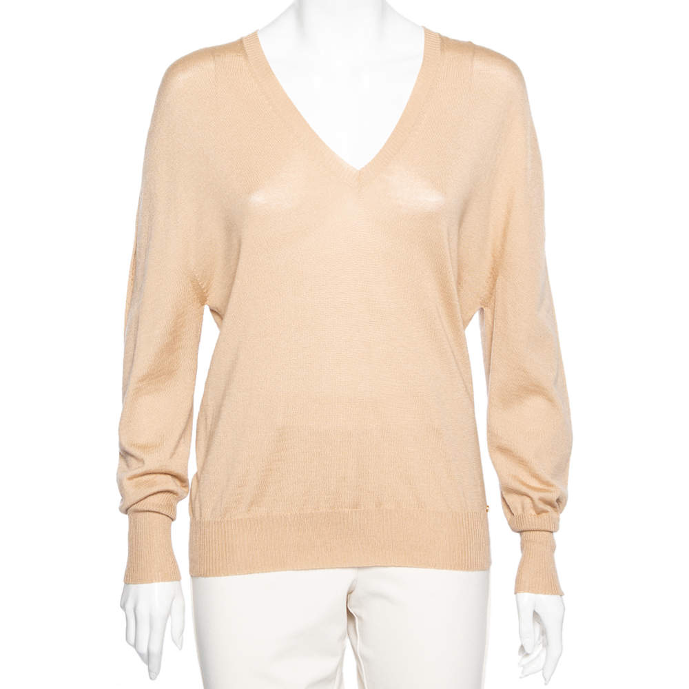 Pre Owned Gucci Beige Wool & Cashmere Knit V-Neck Long Sleeve Sweater M 