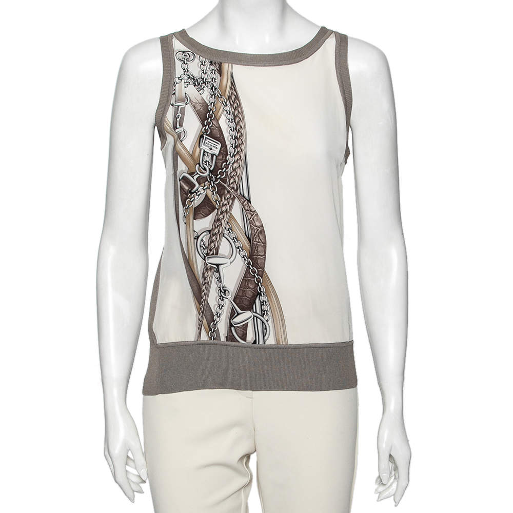 Pre Owned Gucci Grey and White Chain Printed Silk Sleeveless Top M