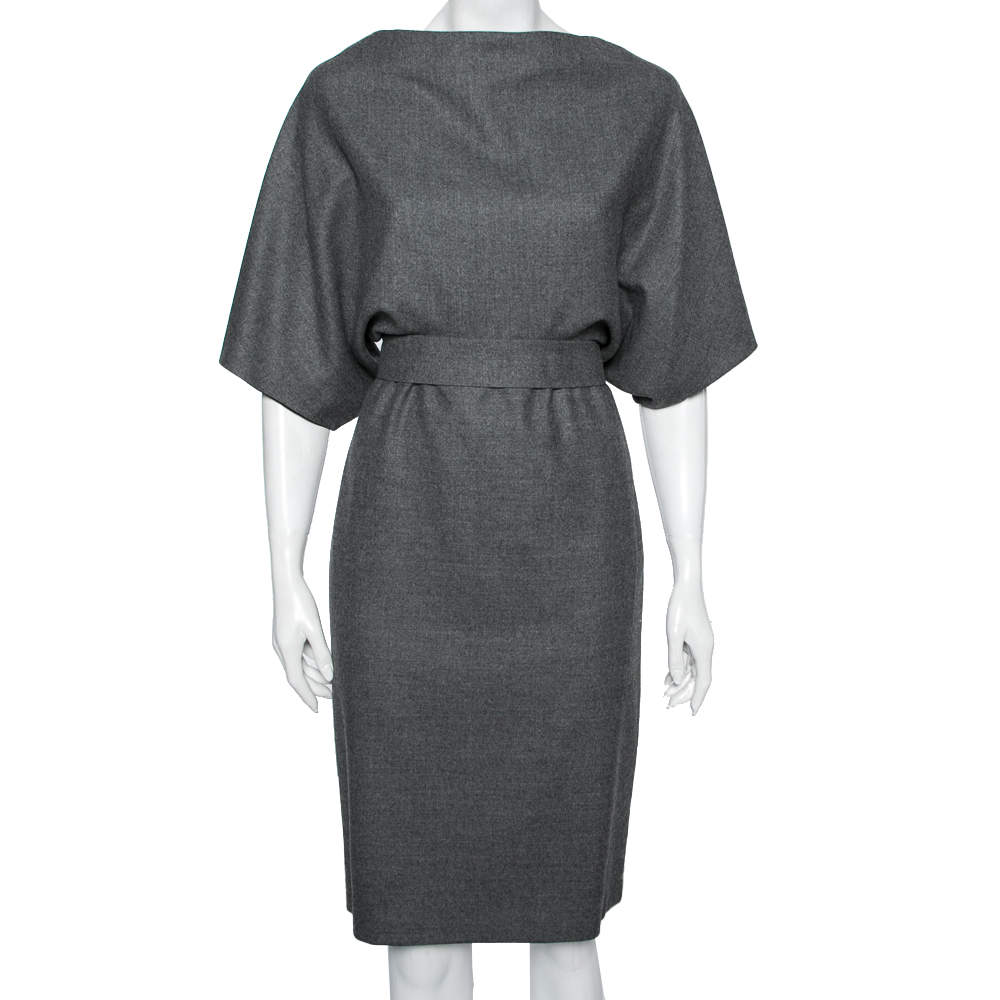 مملوكة مسبقًا فستان كاب غوتشي صوف رصاصي بحزام مقاس متوسط - ميديوم