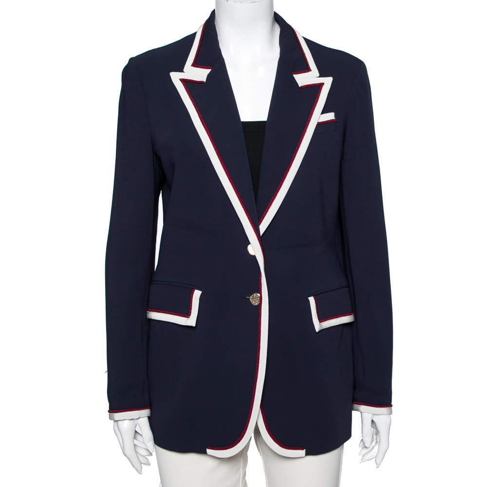 Pre Owned Gucci Navy Blue Crepe Contrast Trimmed Blazer L