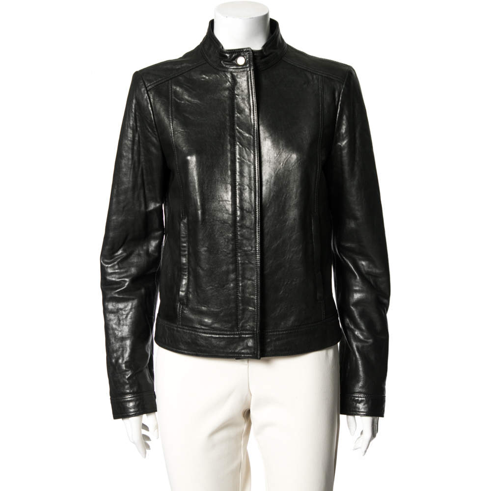 Pre Owned Gucci Black Leather Zip Front Jacket M