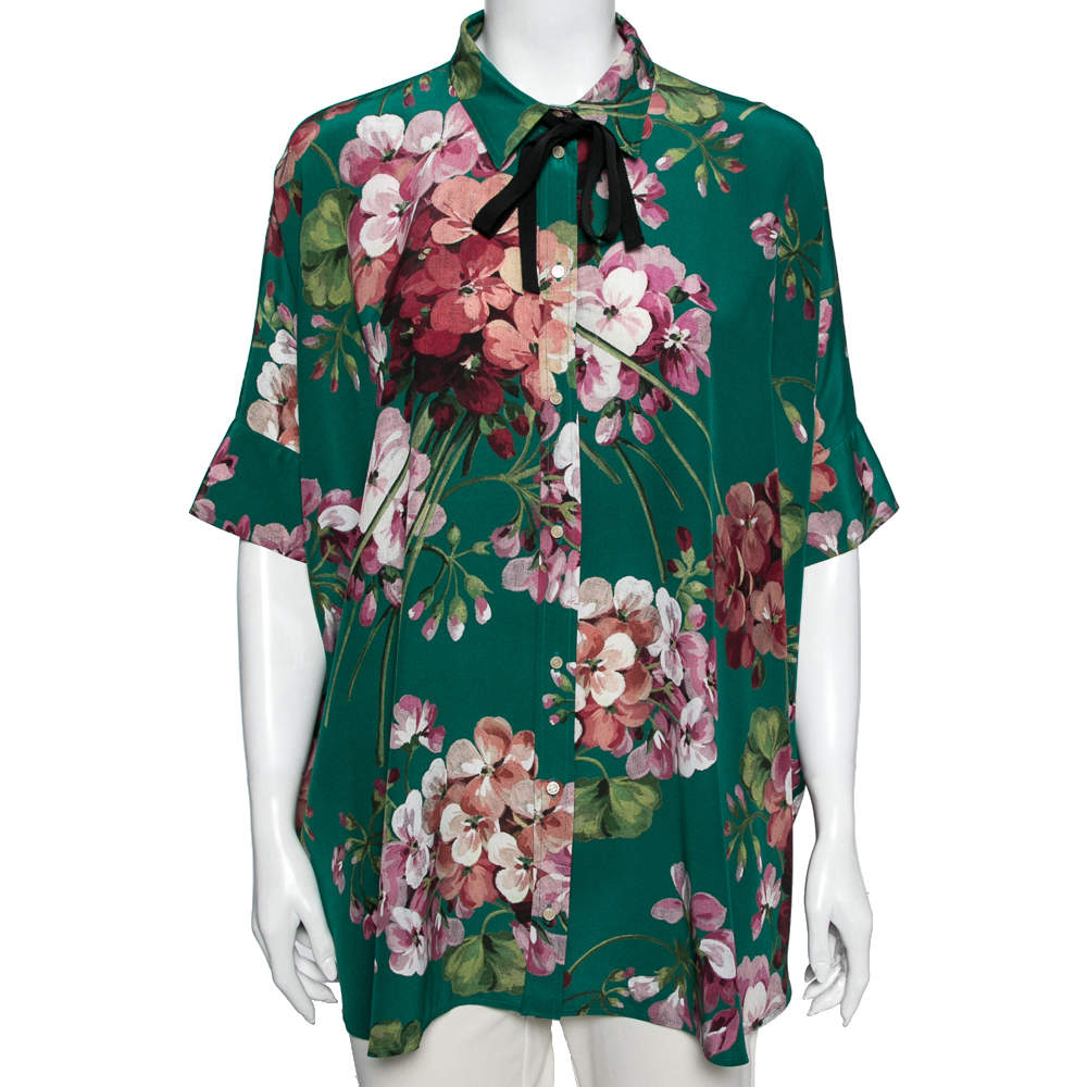 Pre Owned Gucci Green Floral Printed Silk Crepe Button Front Blouse L