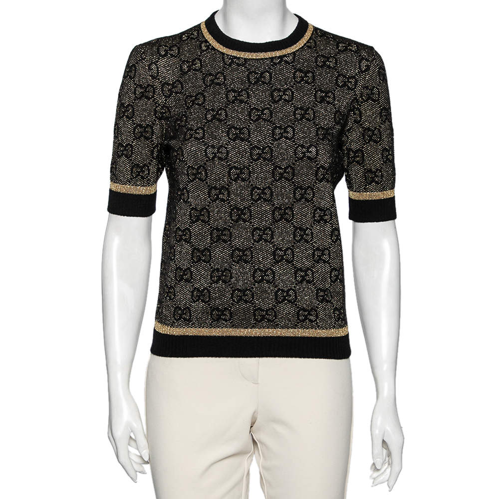 Pre Owned Gucci Gold & Black GG Lurex Jacquard Wool Jumper S
