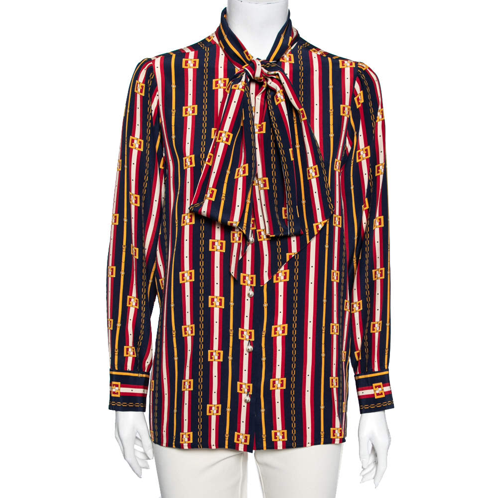 Pre Owned Gucci Multicolor GG Stripe Silk Bow Front Collar Silk Shirt M