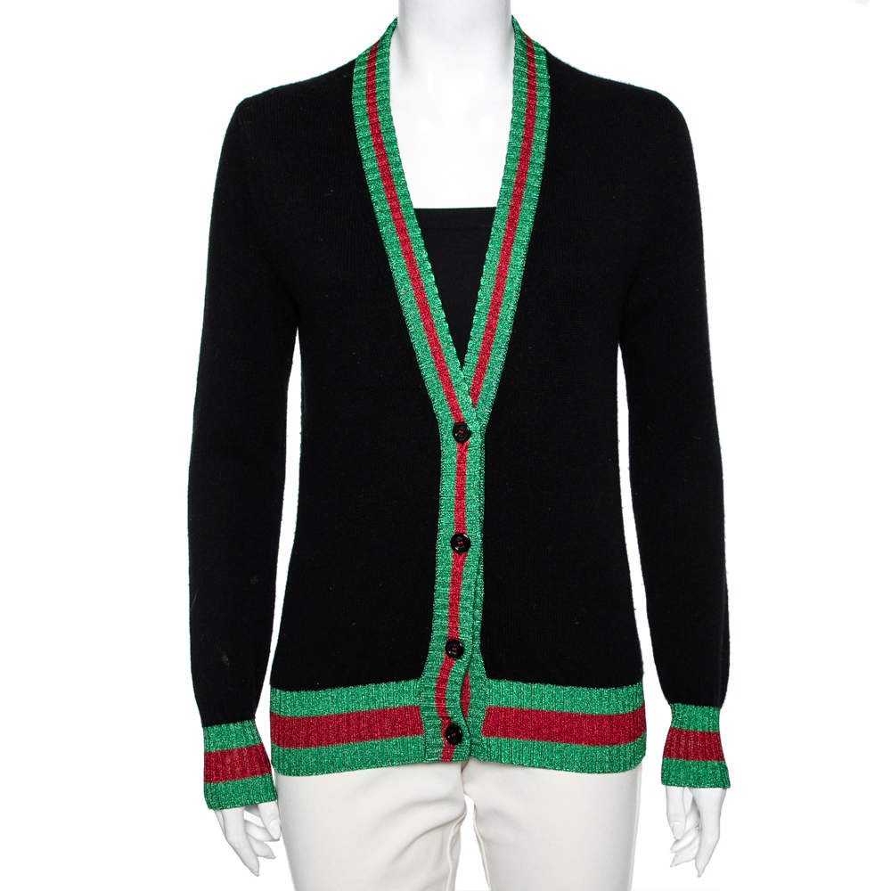 Pre Owned Gucci Black Wool Front Button Web Trim Lurex Long Sleeve Sweater S