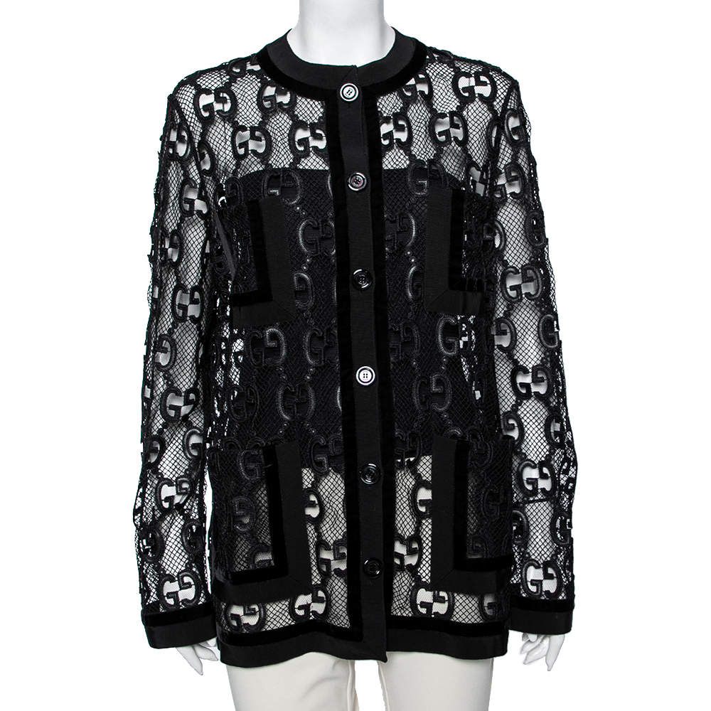 Pre Owned Gucci Black Mesh Laser Cut GG Long Sleeve Button Front Jacket M