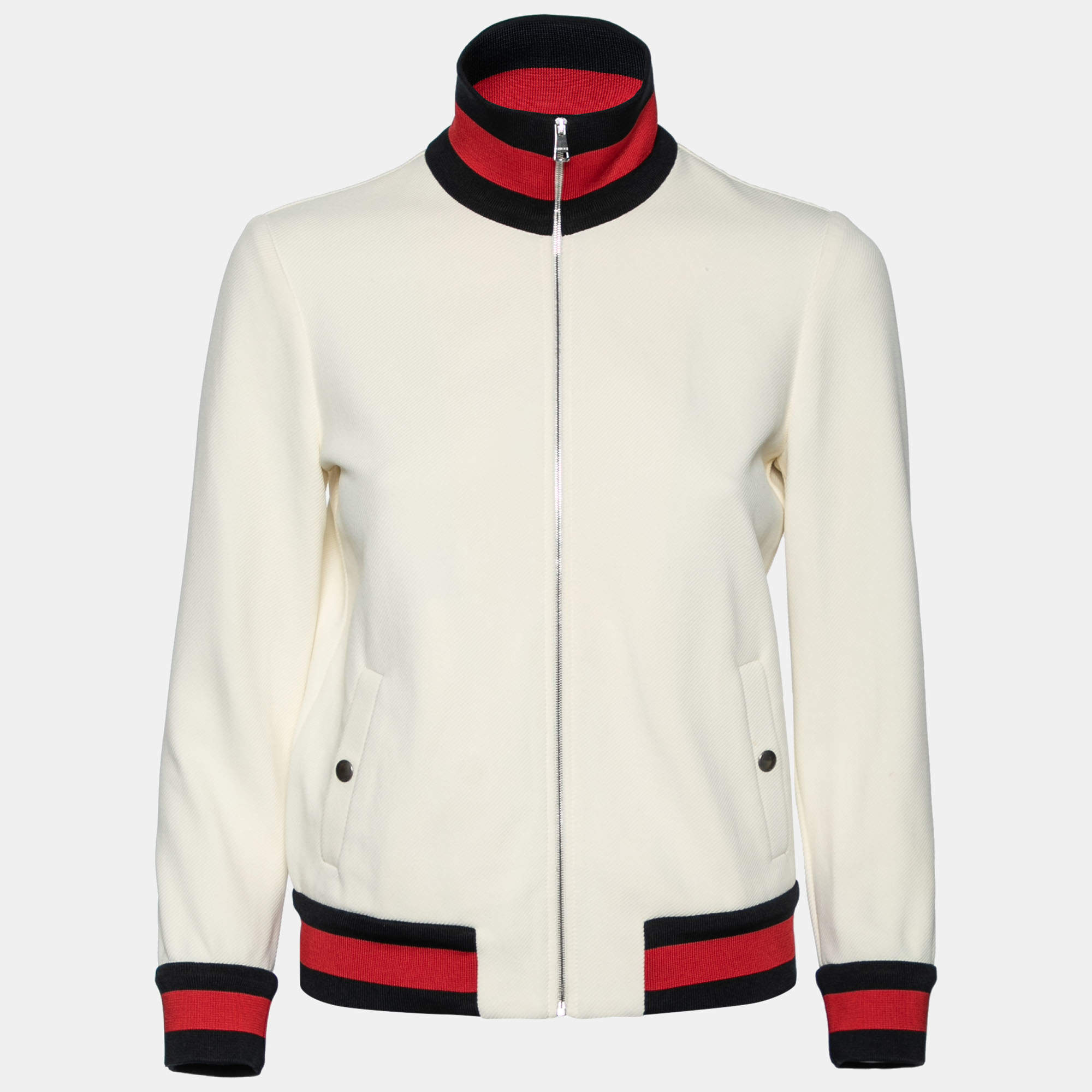 Pre Owned Gucci Cream Jersey Knit Web Stripe Trimmed Bomber Jacket M