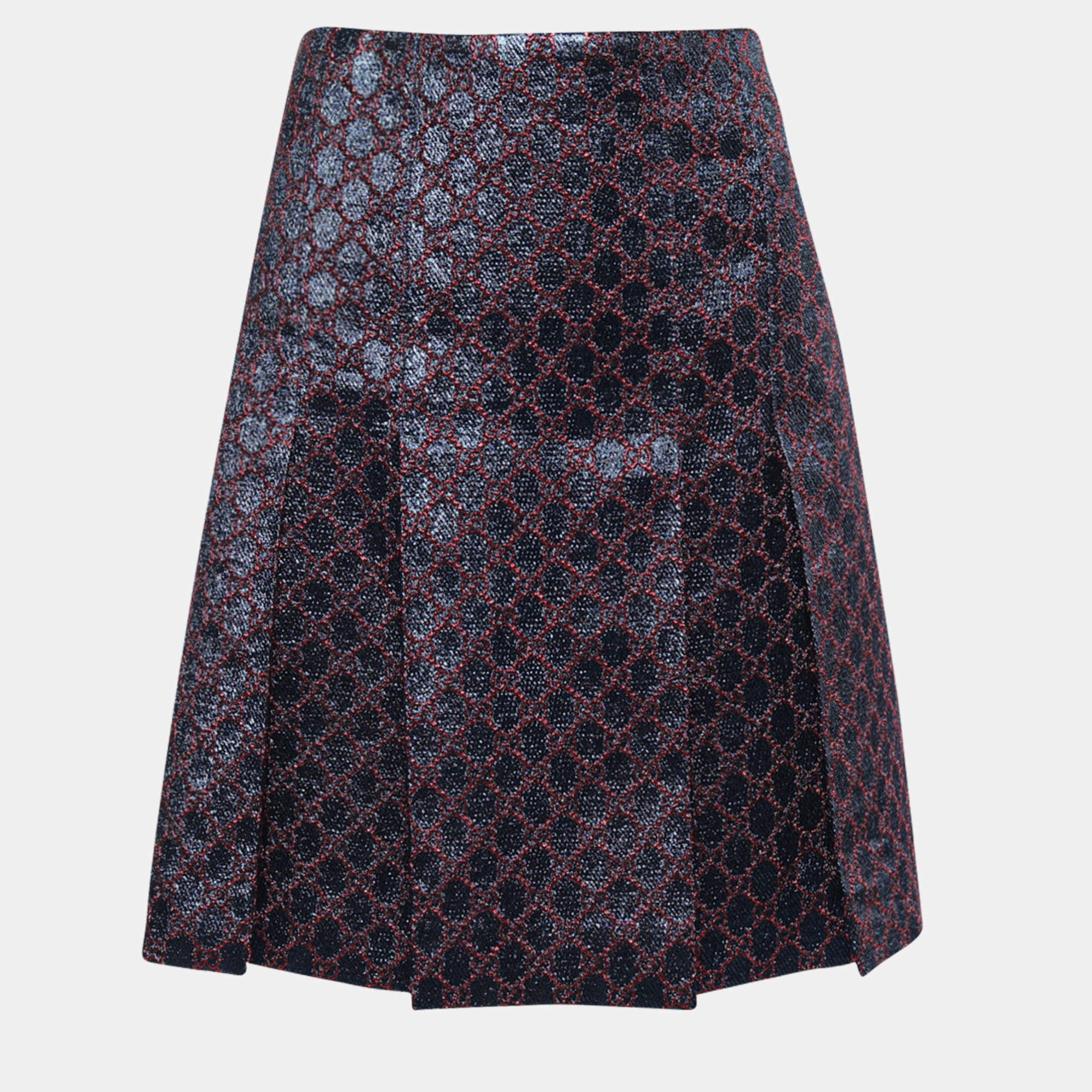 Pre Owned Gucci Blue Lurex GG Pleated Mini Skirt M