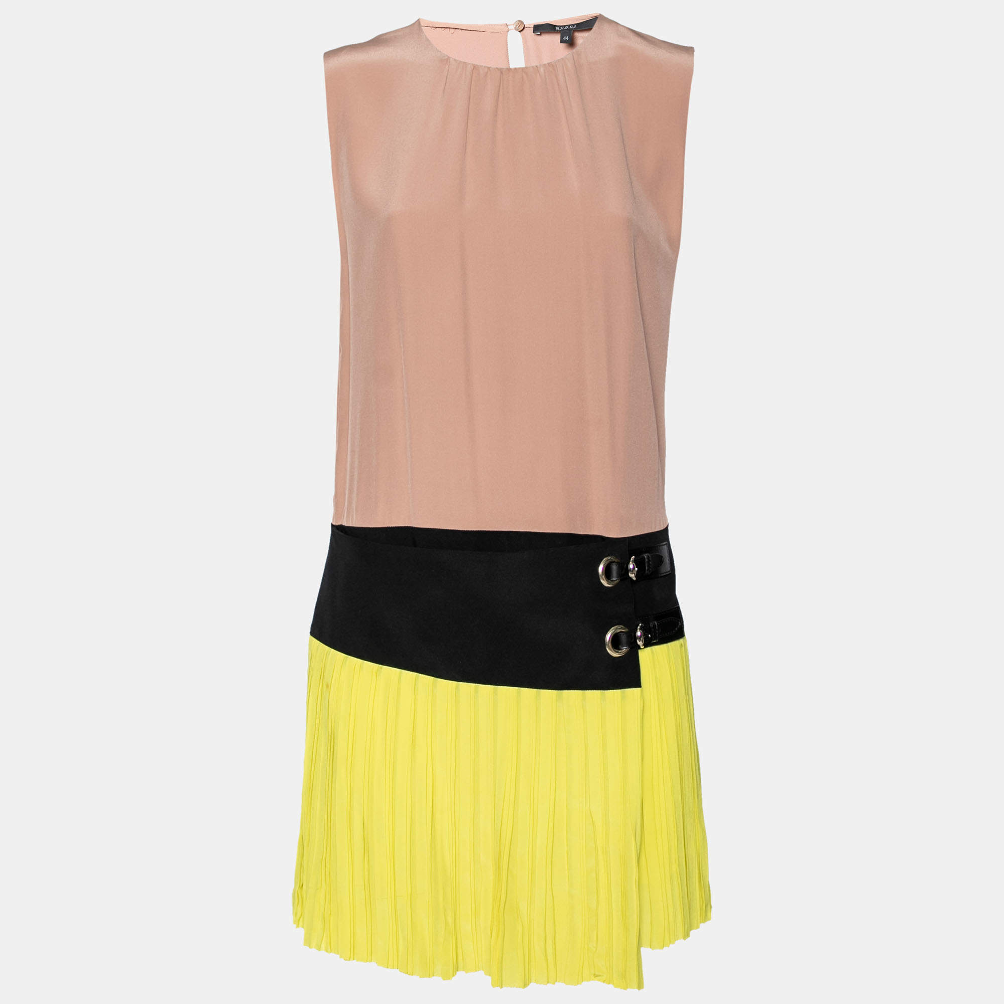 Gucci Nude & Neon Yellow Silk Crepe Pleated Buckled Dress M