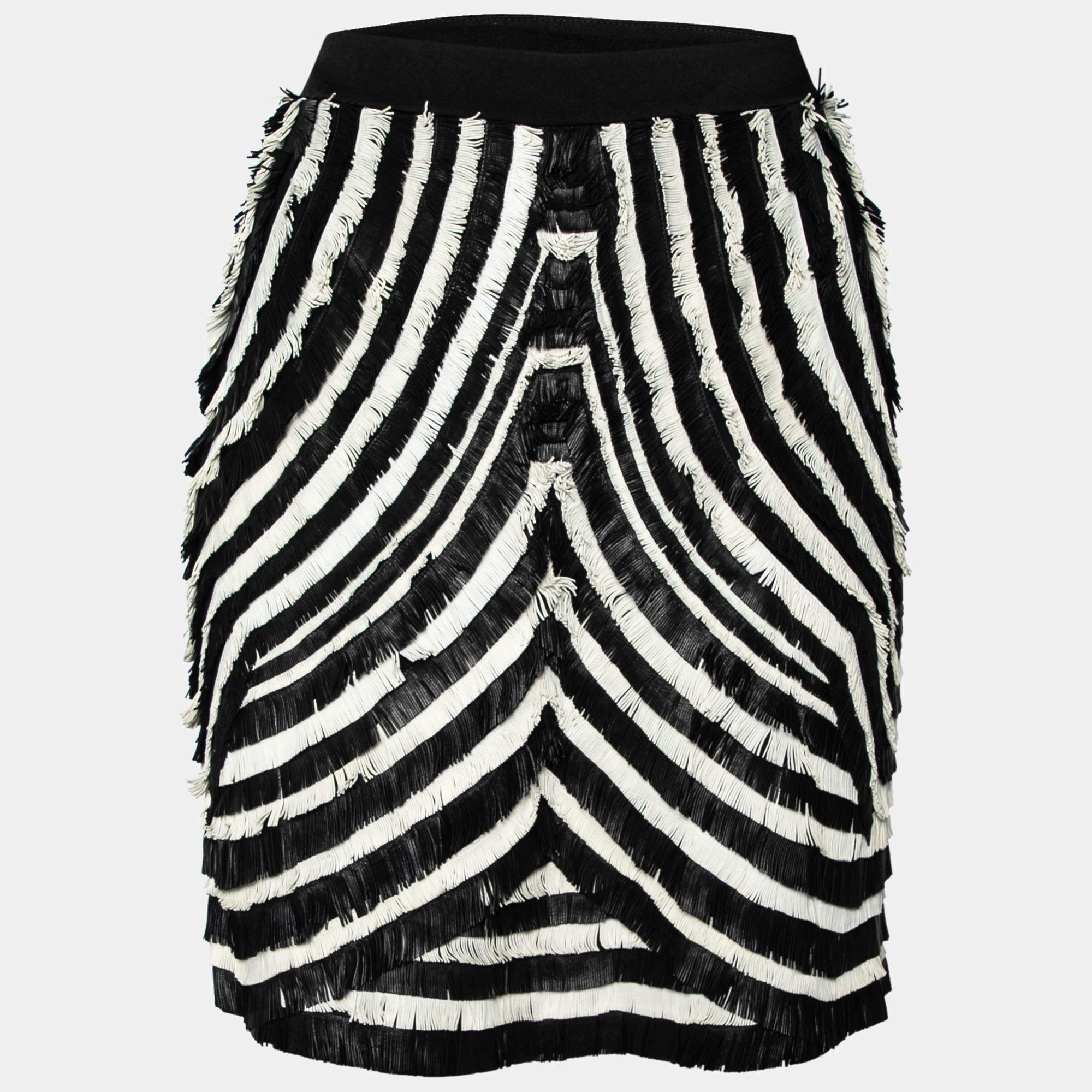 Pre Owned Gucci Monochrome Pattern Fringed Leather Short Skirt M 