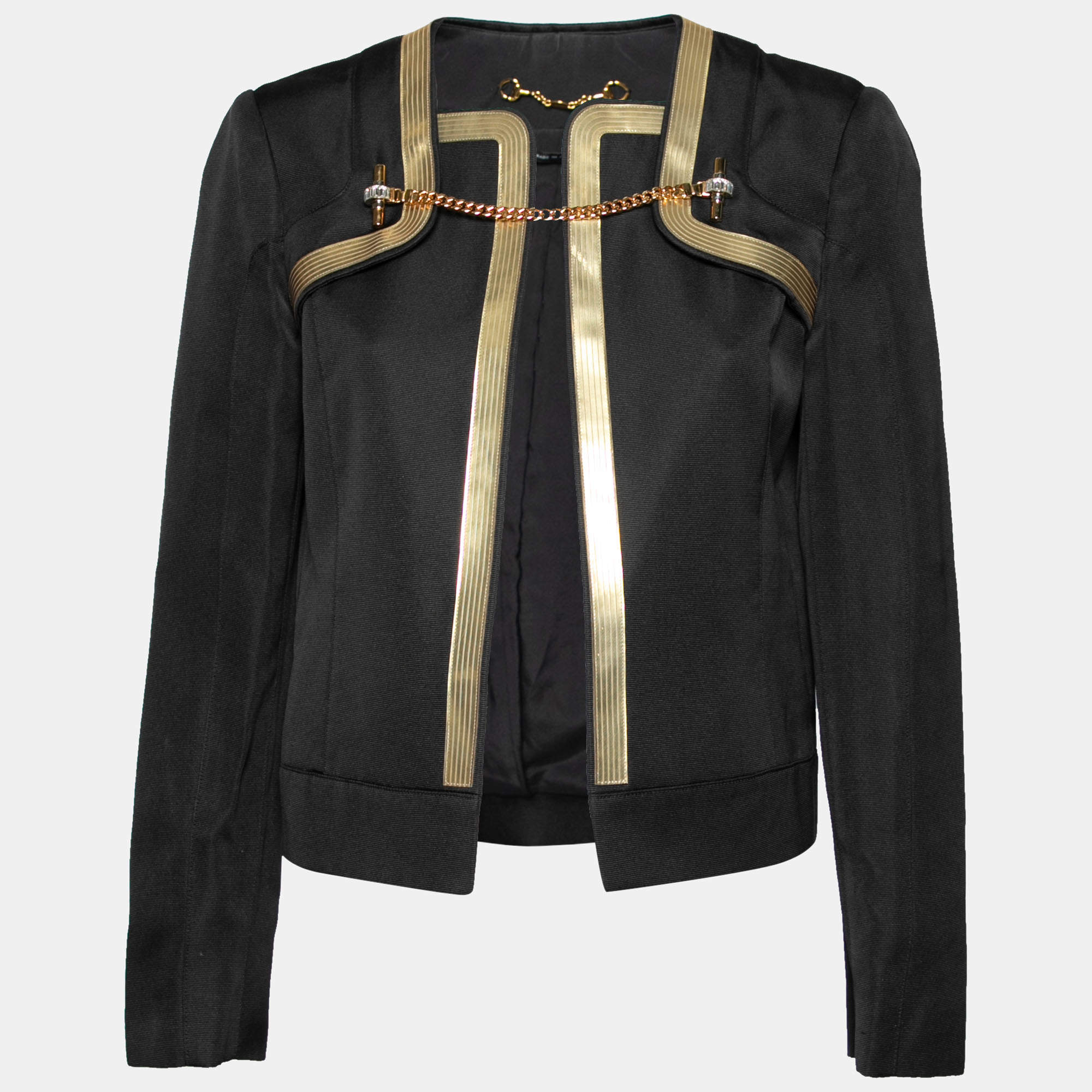 Pre Owned Gucci Black Silk & Leather Trimmed Chain Embellished Jacket M