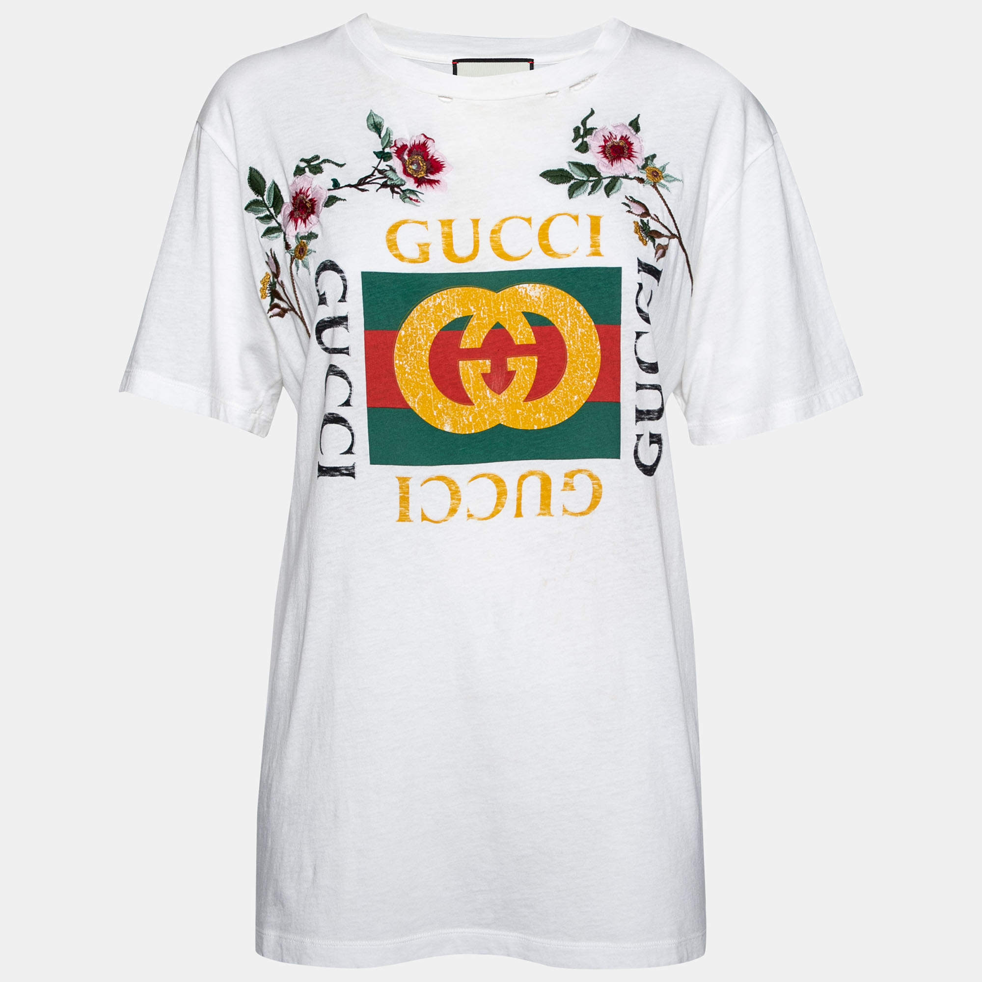 Pre Owned Gucci White Logo Printed & Embroidered Cotton Distressed T-Shirt XS