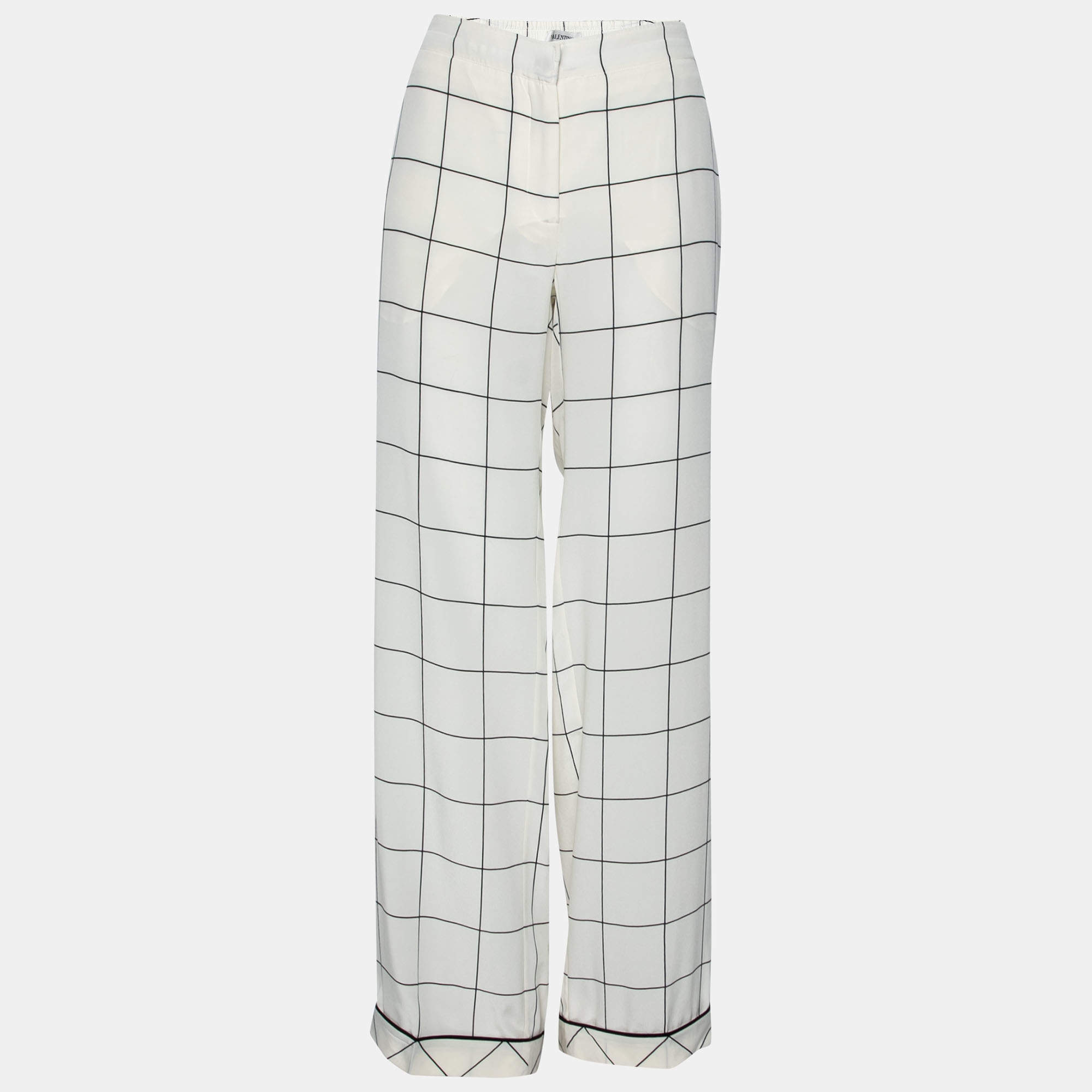 Pre Owned Valentino White and Black Windowpane Check Printed Silk Trousers L