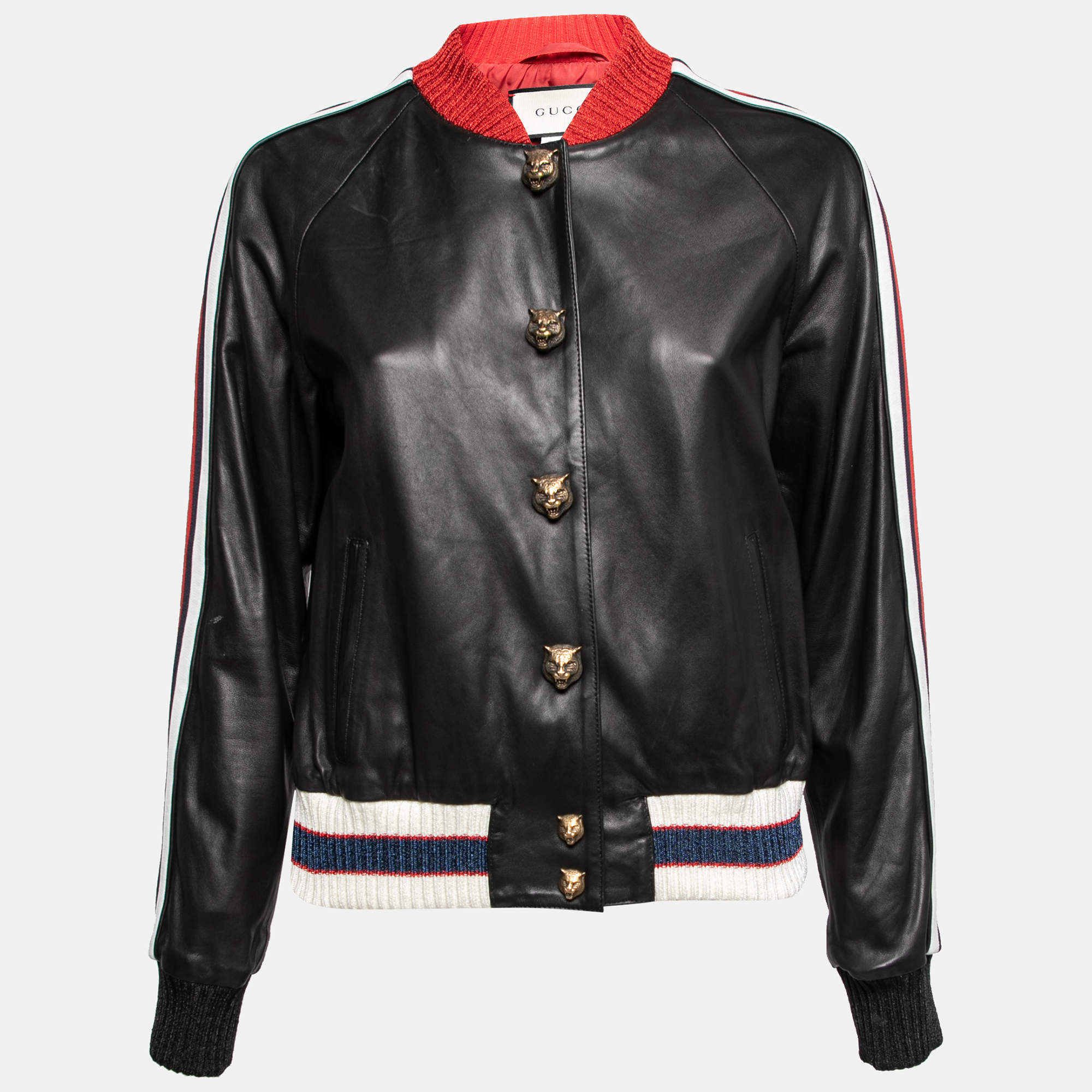 Womens Leather Bomber Jacket with Gucci Logo