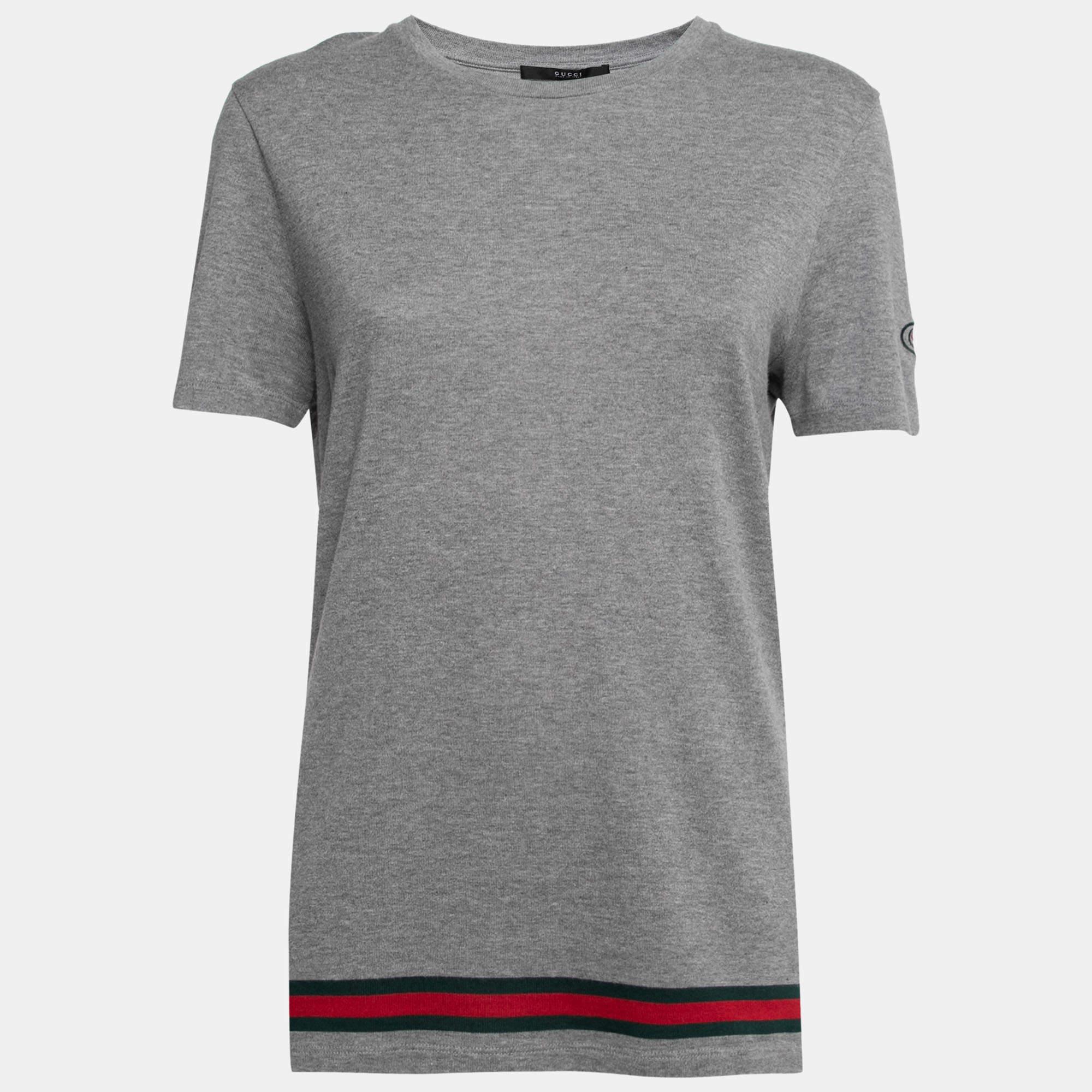 Pre Owned Gucci Grey Cotton Gucci Stripped Crew Neck Top L