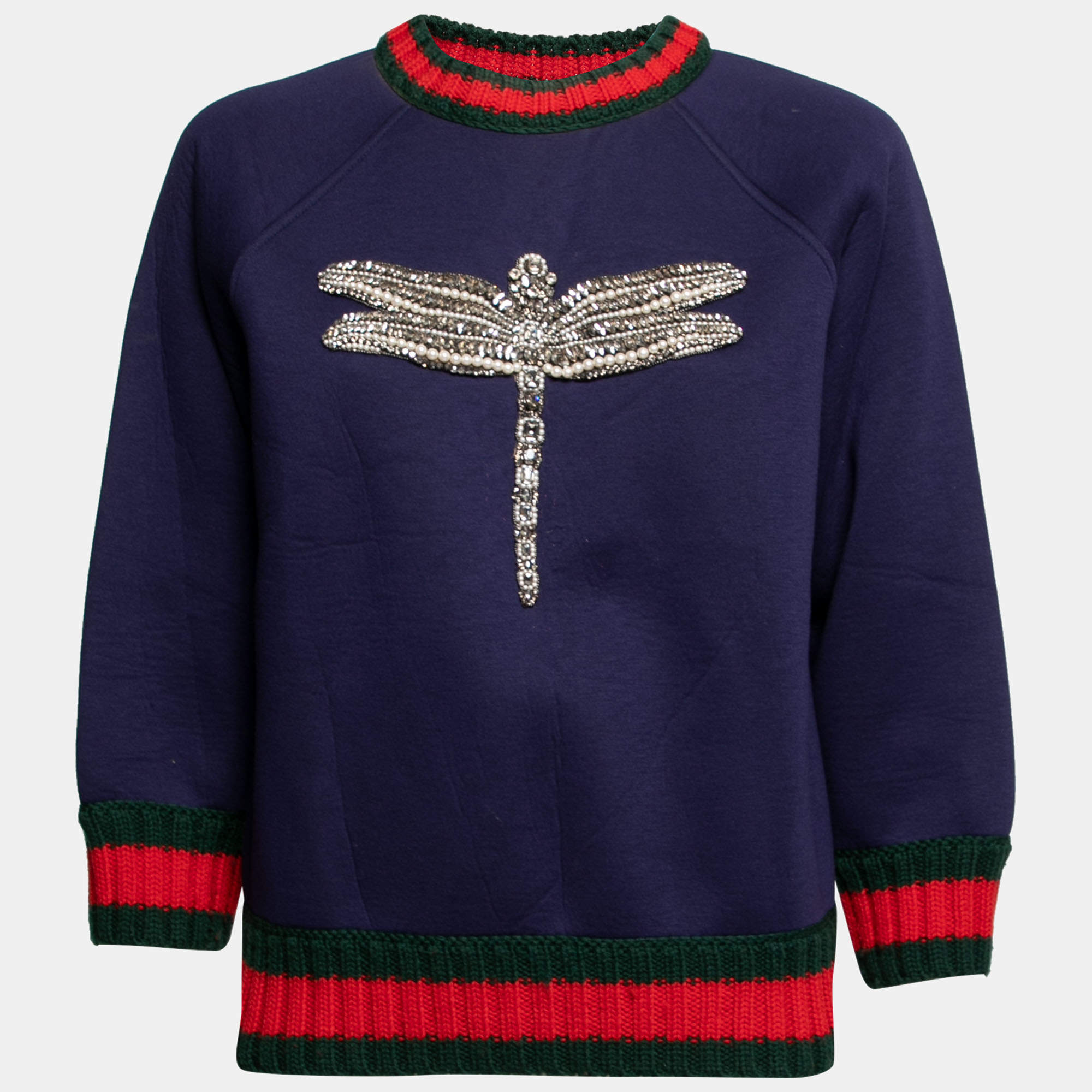 Pre Owned Gucci Navy Blue Knit Crystal Embroidered Dragonfly Patch Sweater XS