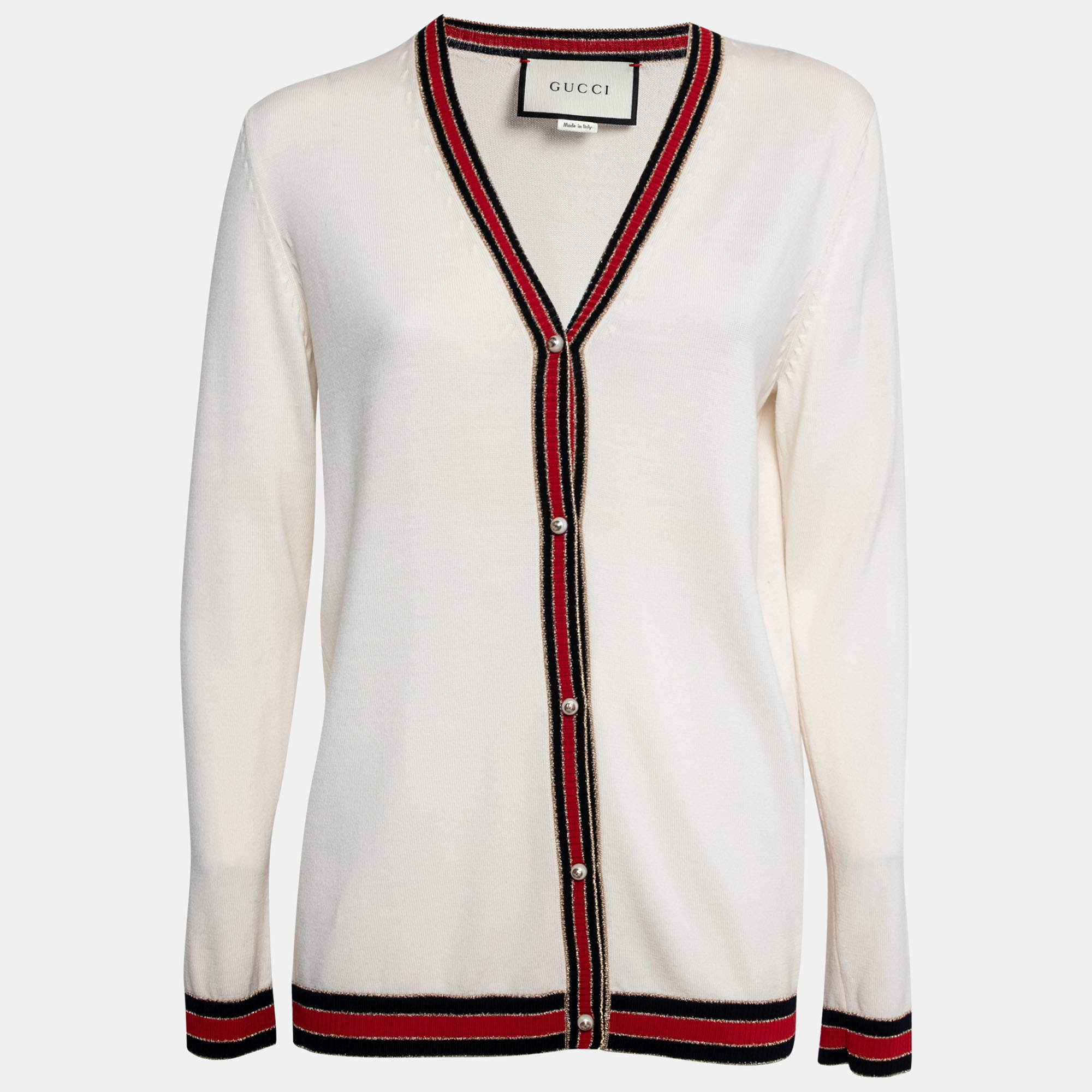 Pre Owned Gucci Cream Wool Lurex Web Stripe Trimmed Button Front Cardigan XL