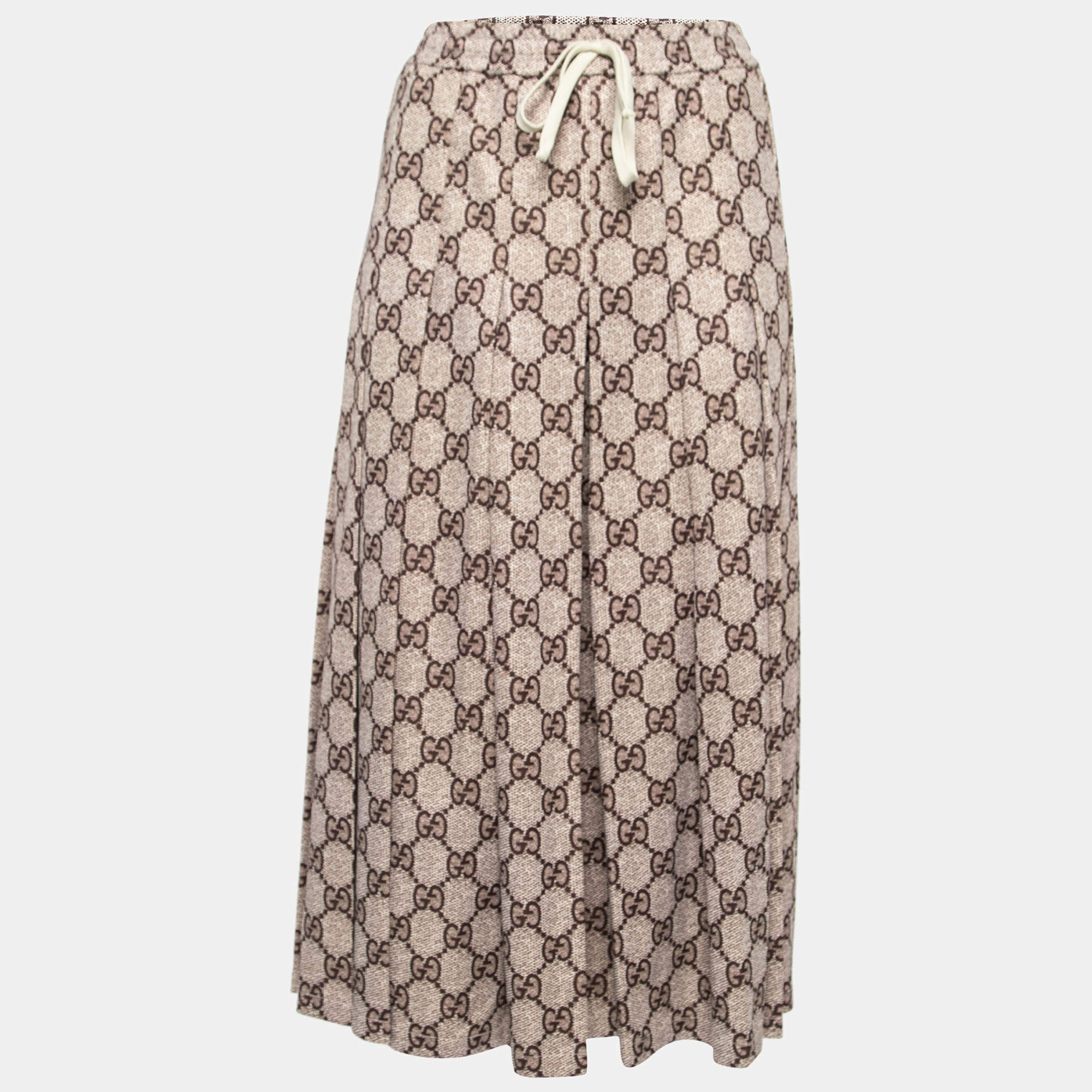 Pre Owned Gucci Brown GG Printed Jersey Pleated Midi Skirt XS