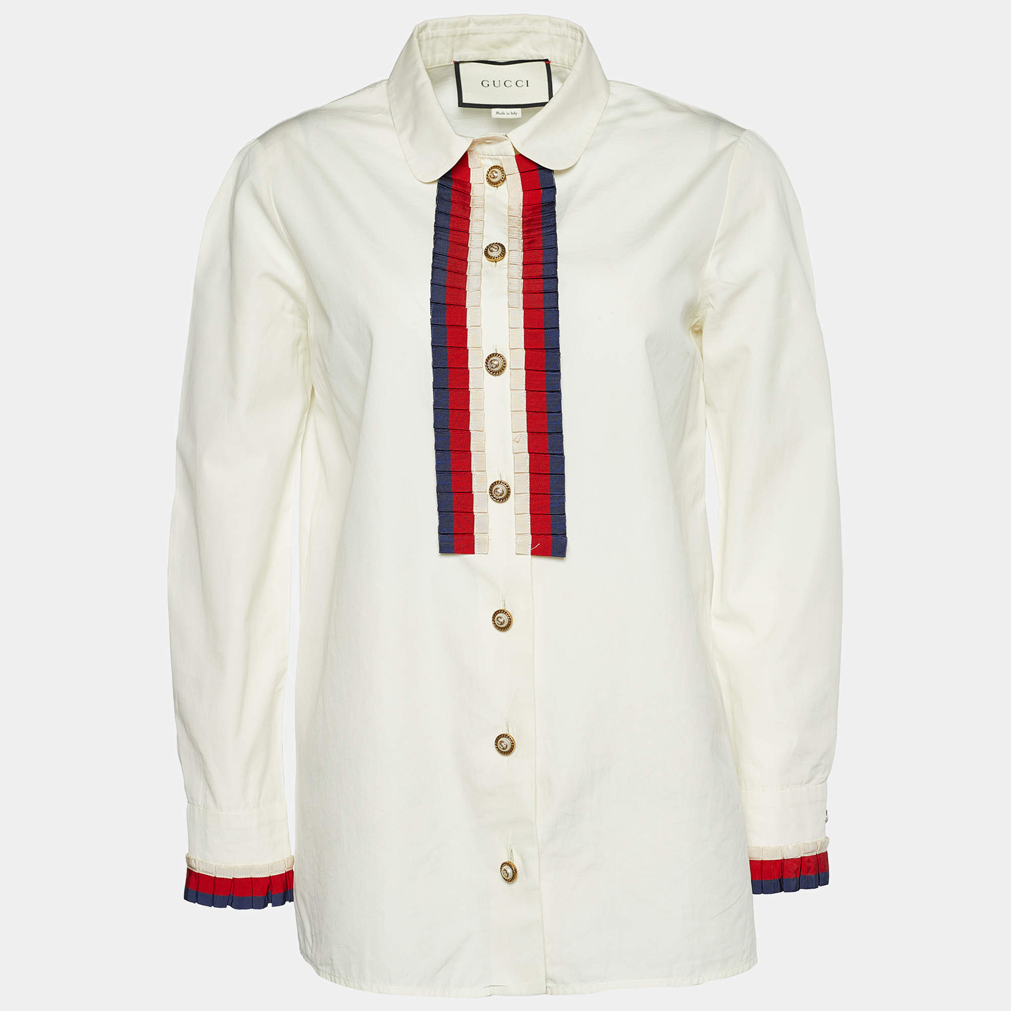 Pre Owned Gucci Off-White Poplin Sylvie Web Trim Shirt M