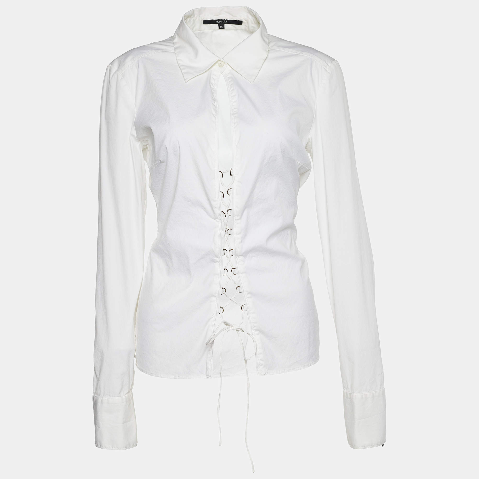 Gucci Vintage White Stretch Cotton Lace-Up Detail Shirt L