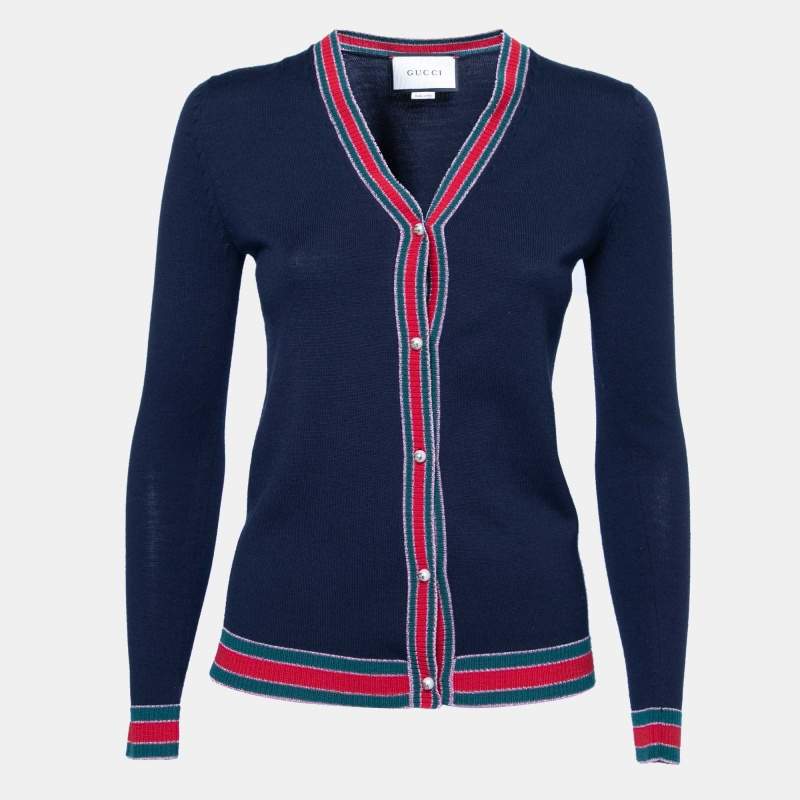 Pre Owned Gucci Navy Blue Wool & Lurex Web Stripe Trimmed Button Front Cardigan S