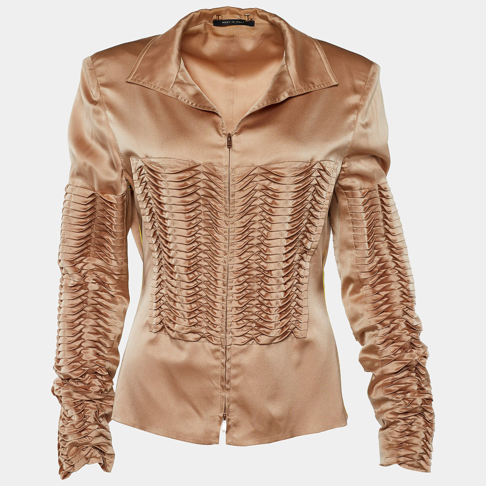 Pre Owned Gucci Copper Silk Pintuck Detail Zip Front Jacket L