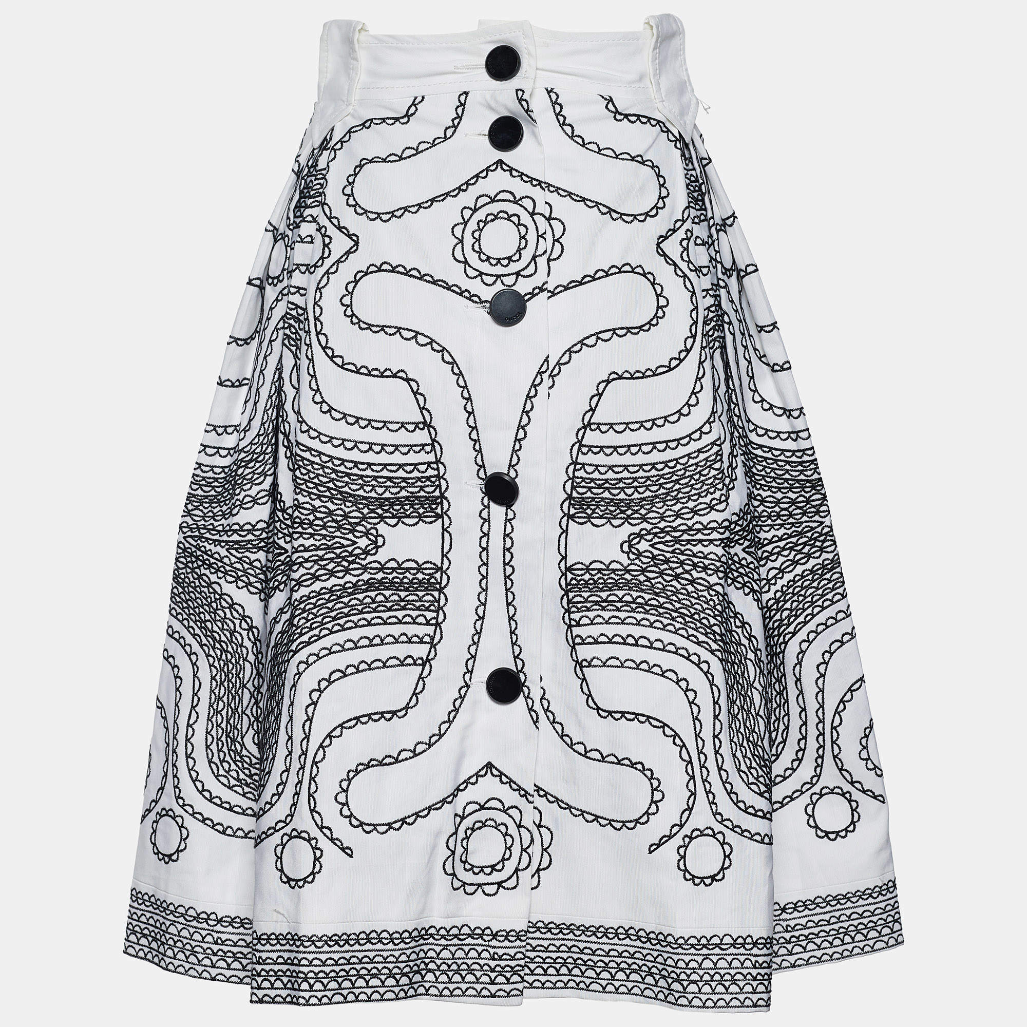 Pre Owned Gucci White And Black Printed Cotton Button Front Skirt L