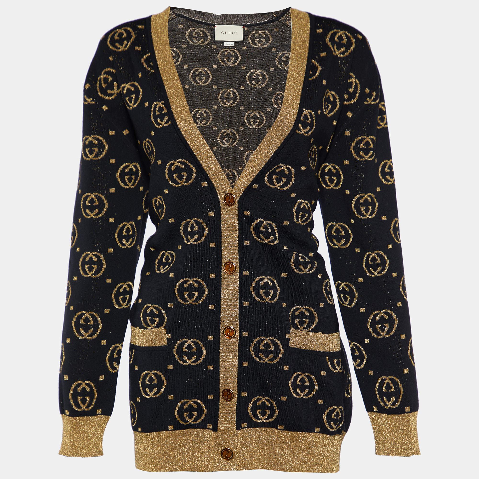 Pre Owned Gucci Black & Gold Lurex Knit Wool GG Button Front Cardigan XS