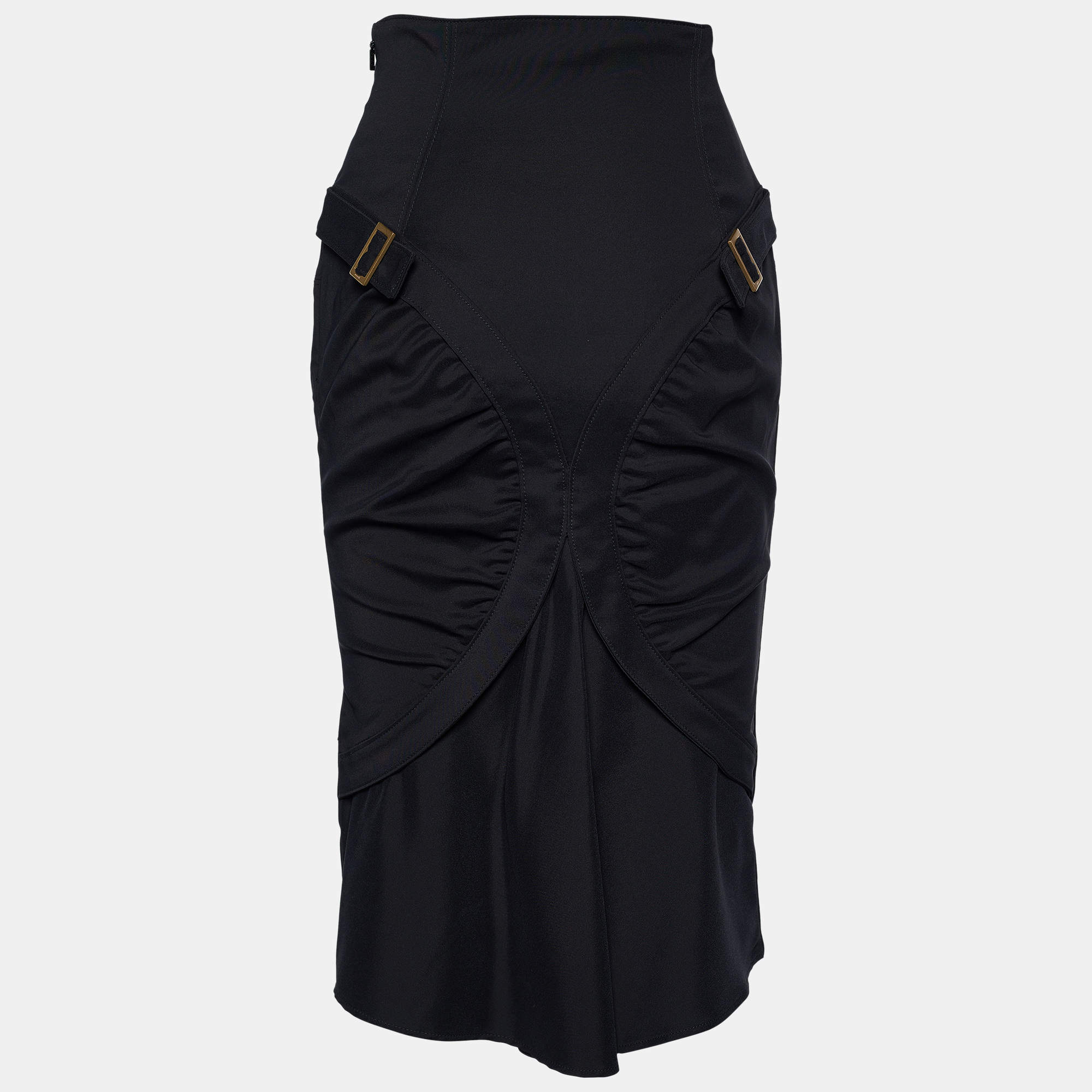 Pre Owned Gucci Black Cady Ruched Belt Detail Knee-Length Skirt S