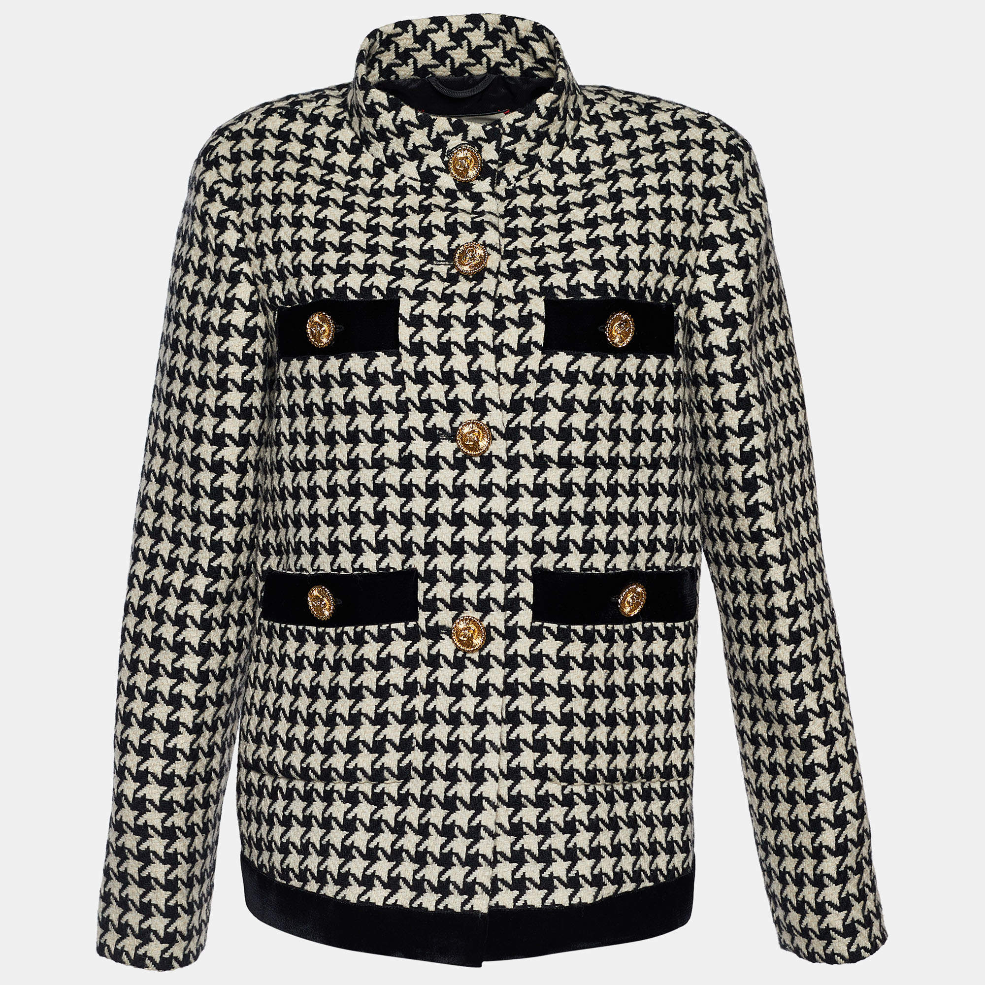 Pre Owned Gucci Monochrome Houndstooth Optical Tweed Button Front Jacket M