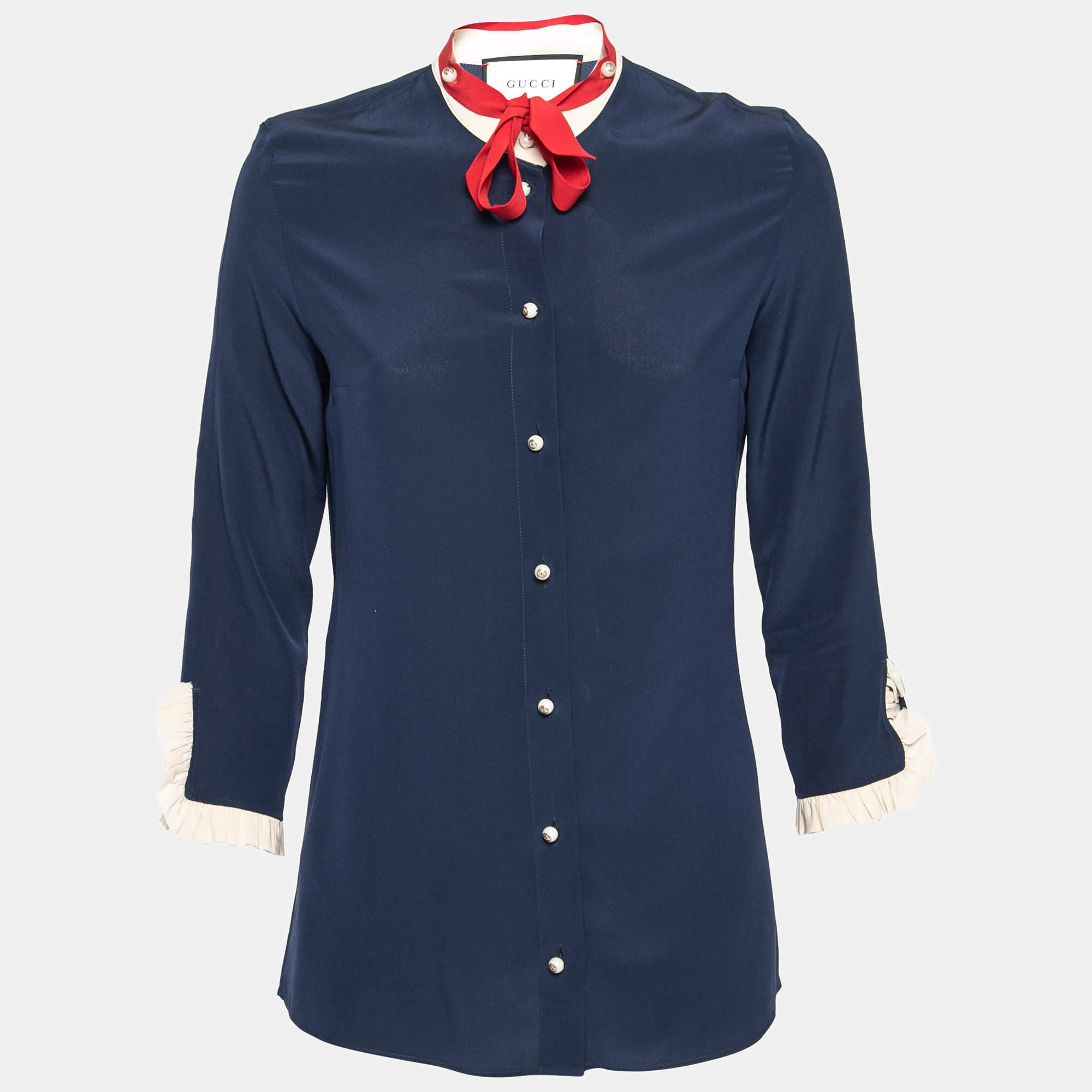 Gucci Navy Blue Silk Contrast Trim Neck Tie Detail Shirt M