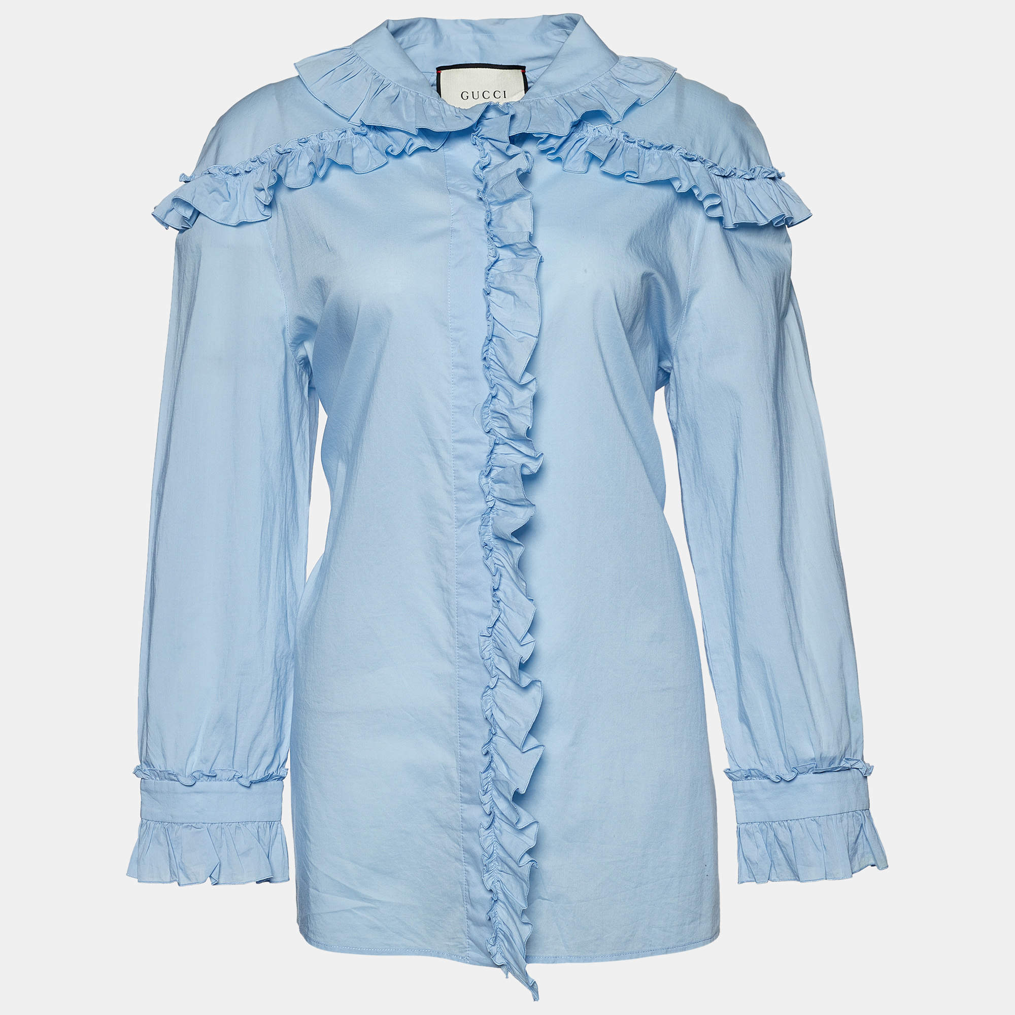 Pre Owned Gucci Light Blue Cotton Ruffled Button Front Blouse L